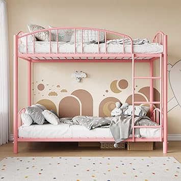 Bunk Bed Twin Over Twin with Stairs and Arched Guardrail, Sturdy Metal Slats Support, Space Saving, Noise Free, No Box Spring Needed, Ideal for Kid Room and Dorm, Pink