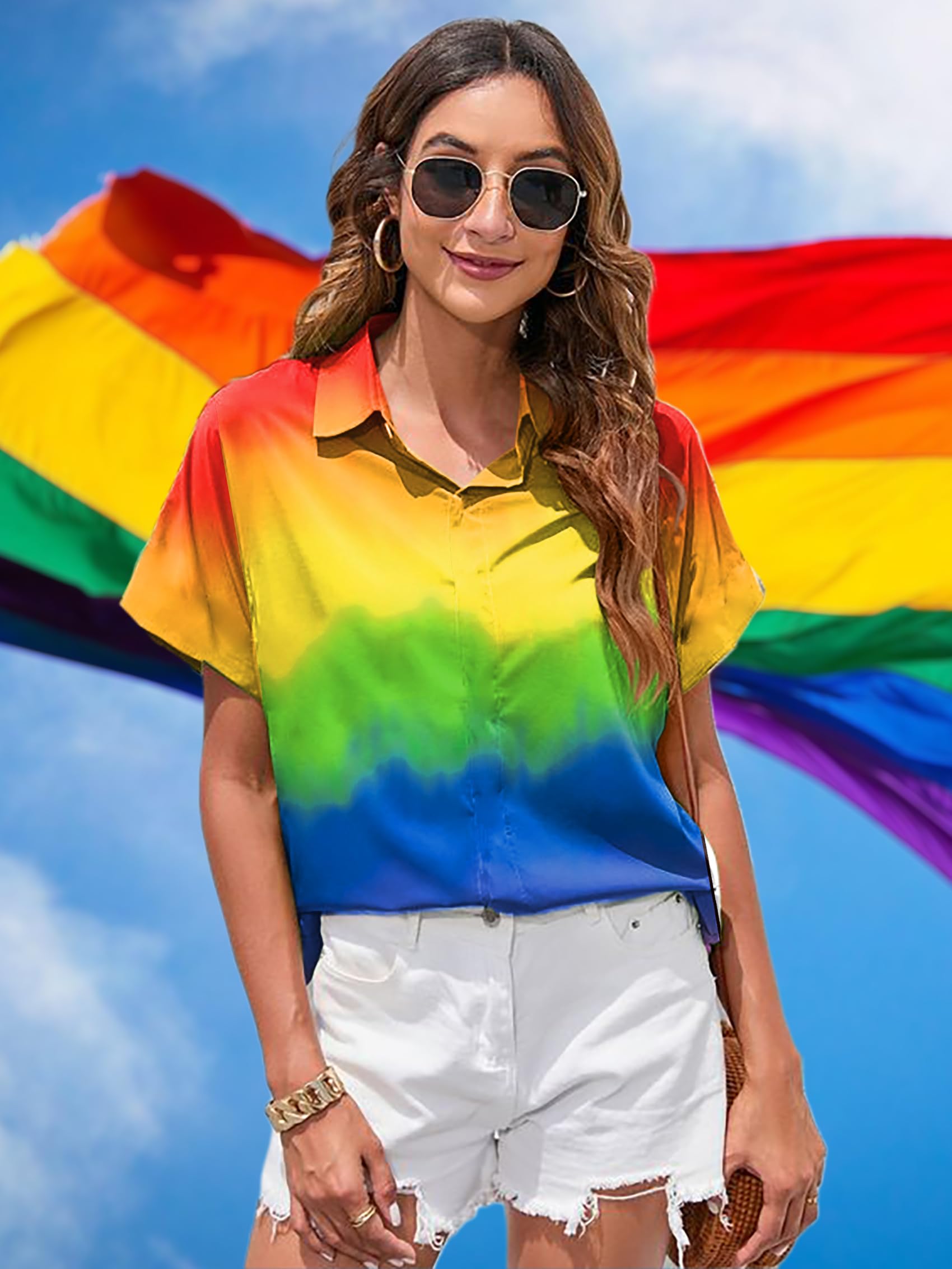 tiorhooe Maglietta da donna con stampa arcobaleno e cuore, stile casual, con bottoni