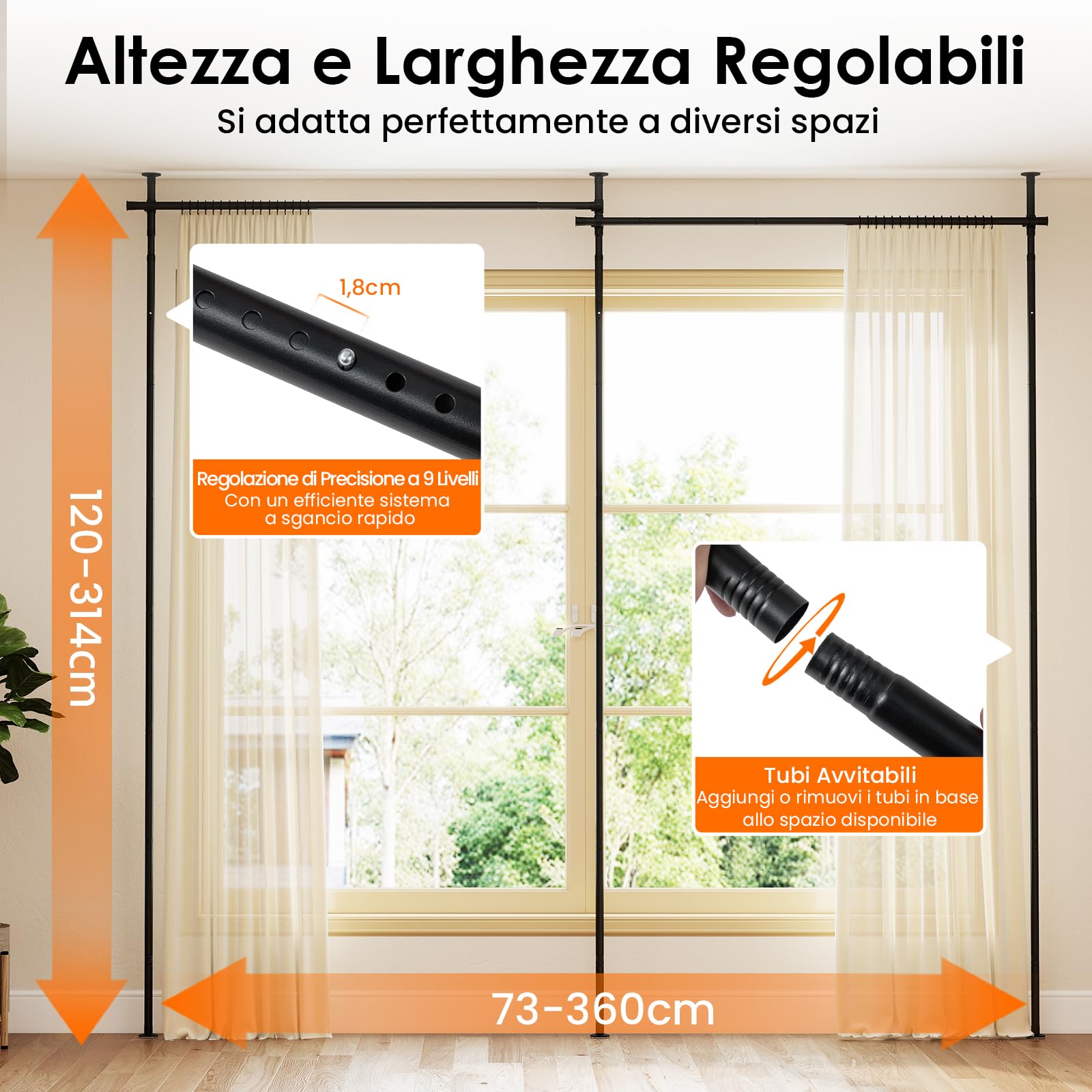 COSTWAY Tenda Divisoria Senza Trapano, Parete Divisoria per Interni con Asta Regolabile 120-314 cm(A) 73-360 cm(L), Bastoni Tende in Metallo per Soggiorno, Camera da Letto e Balcone (stile 2 Nero)