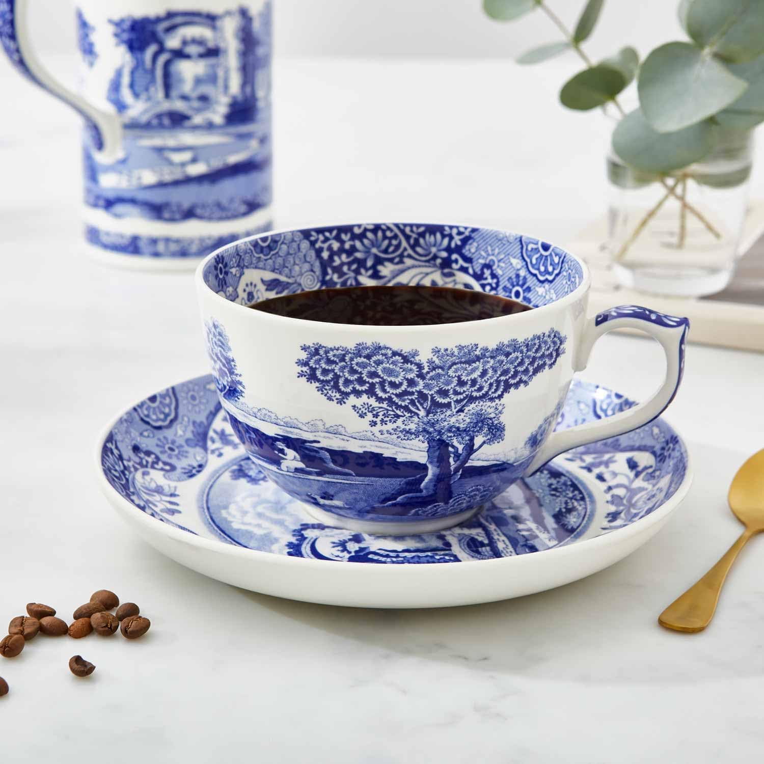 Portmeirion Spode Blue Italian Teacup and Saucer, 20-ounce Capacity, Jumbo Tea Set, Coffee Mug, Cup for Tea, Lattes, Espressos, and Hot Beverages - Blue & White