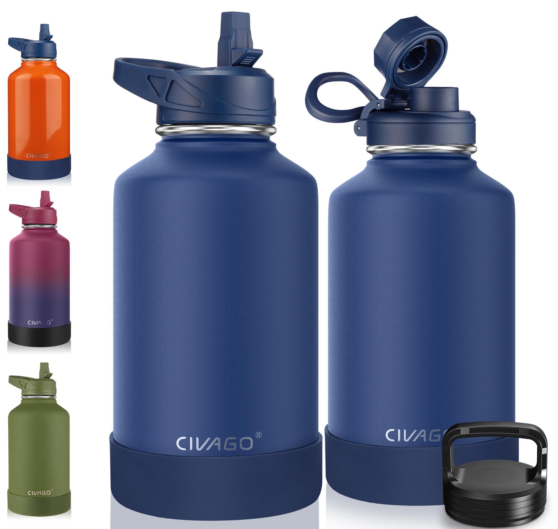 CIVAGO 64 oz Insulated Stainless Steel Water Bottle With Straw and 3 Lids | Half Gallon Large Metal Water Jug Big Leakproof Reusable Wide Mouth Thermal Flask with Silicone Boot, BPA-Free, Navy Blue