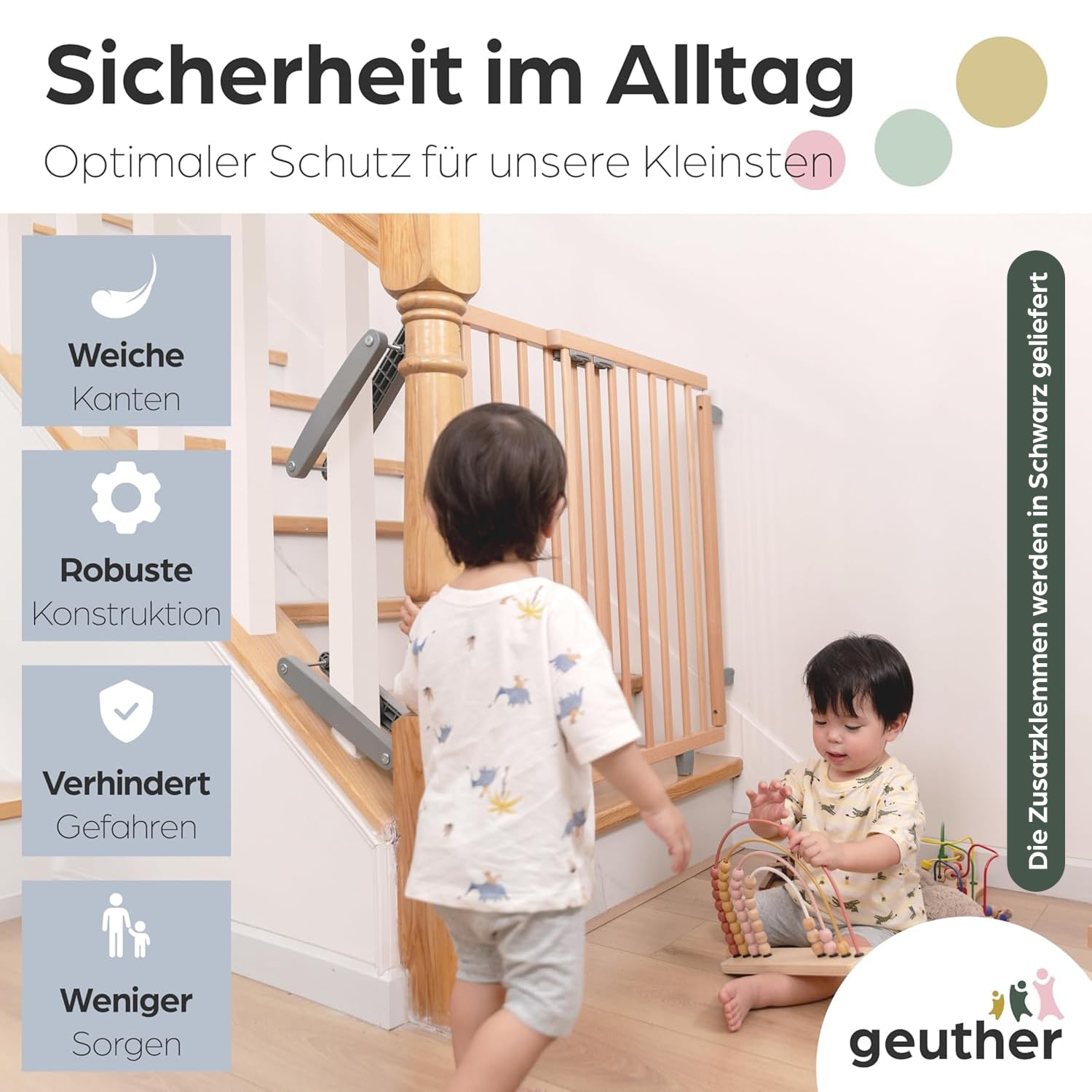 Geuther Treppenschutzgitter Oris | Türschutzgitter zum Anschrauben inkl. 2X Klemmen für Treppengeländer, Breite 95-135 cm | Stabiles Türgitter mit Schwenktür | Kindergitter Holz, Naturbelassen
