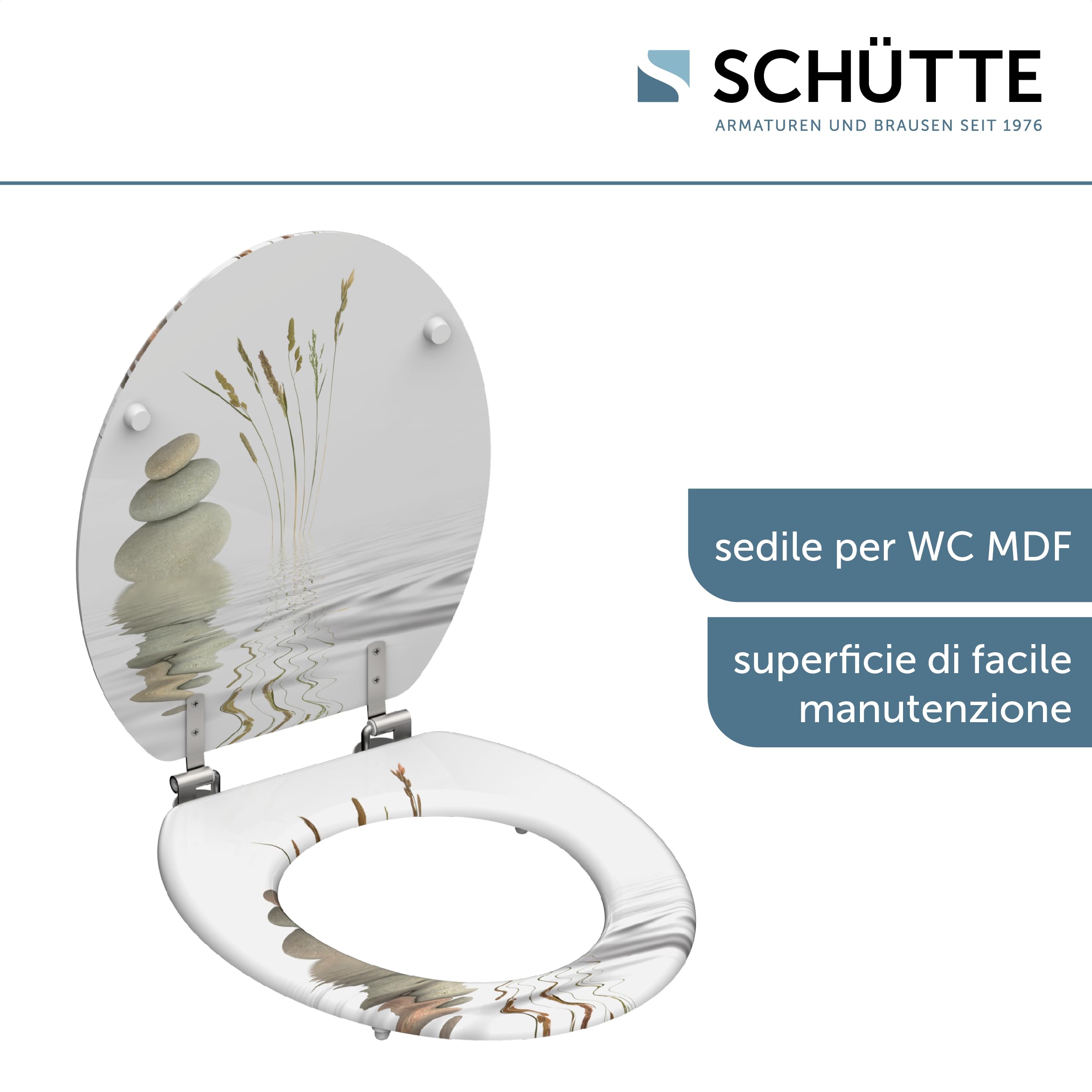 SCHÜTTE 80022 - Sedile WC BALANCE, con anima in legno, adatto per tutti i WC in commercio, carico massimo di 150 kg, motivo pietre su occhiali e coperchi