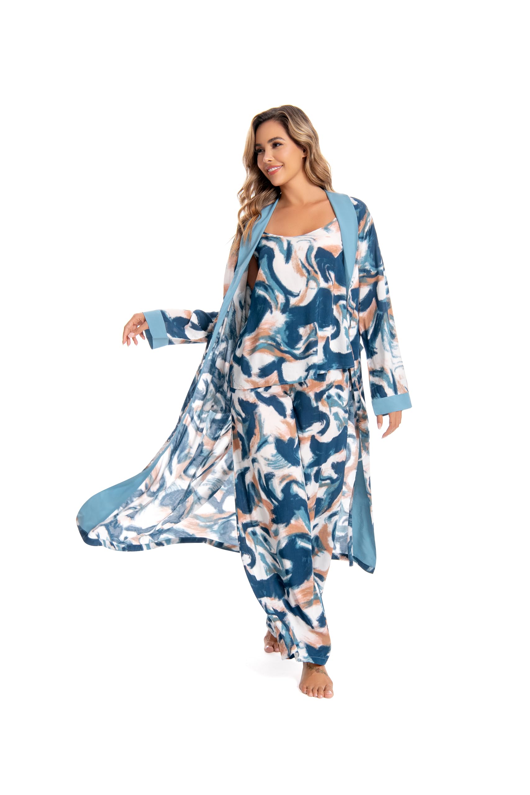 Nutria Conjunto de pijama largo de 3 piezas para mujer, pijama de verano, ropa de dormir, tirantes de cami, pantalones anchos, conjunto de albornoz para mujer, Pjs D08