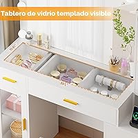 Vista 2 de BEWISHOME Tocador Grande de 49.2" con Espejo y Luces, Mesa de Maquillaje Blanca con Superficie de Vidrio, Taburete, Escritorio de Maquillaje