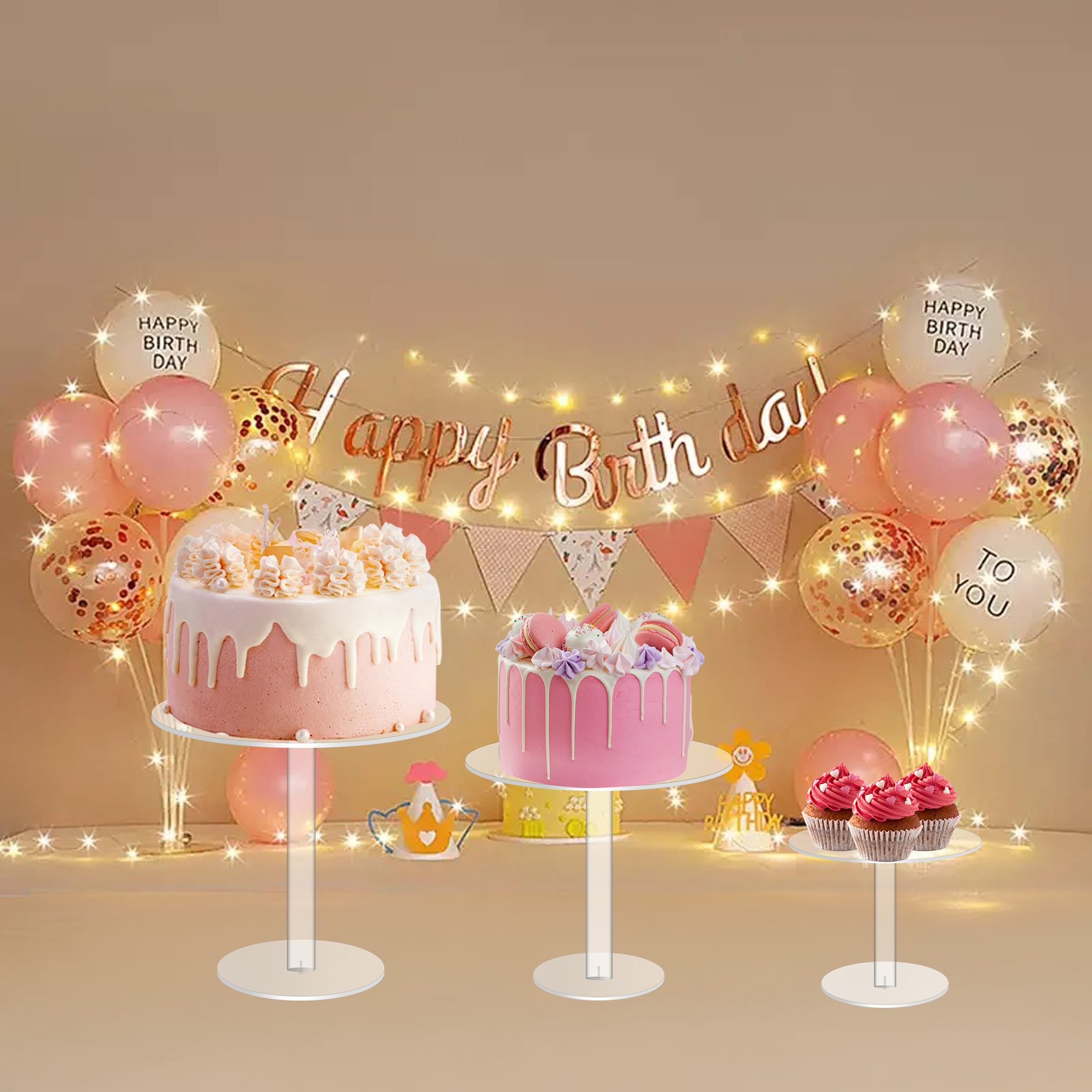 Jusalpha Set of 3 Round Acrylic Cake Stand for Retail Display, Wedding Cake, Dessert Table, Table Centerpiece, Cupcake Pastry Candy Display for Wedding, Event, Birthday Party (1, 8'' 10'' 12'')