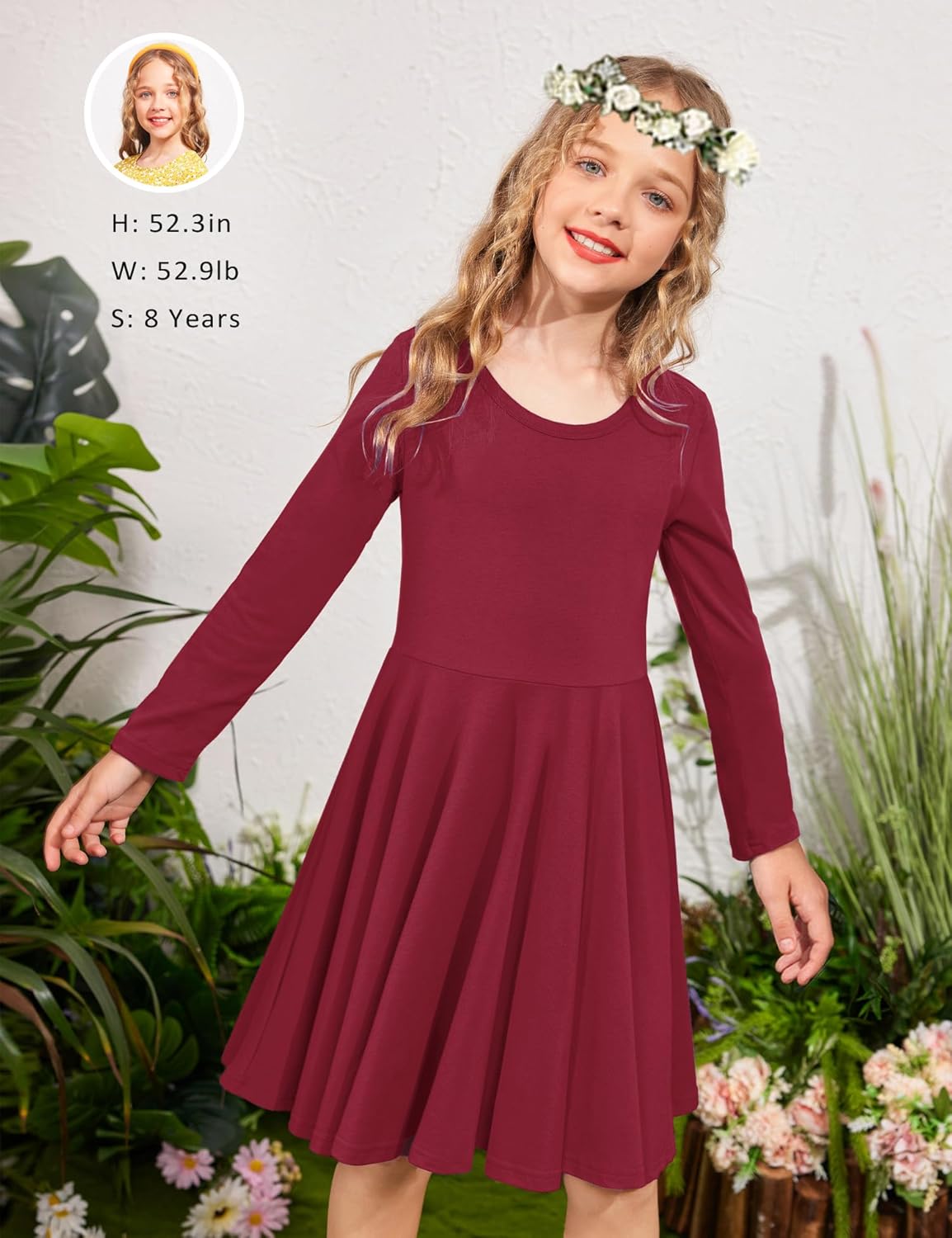 Arshiner Girls Long Sleeve Stretchy Dress A line Twirly Skater School Party Dress - Image 4