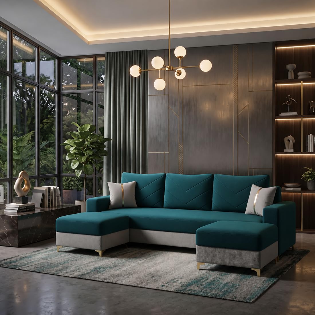Alvaro Agnes 3 Seater L Shape Sofa with 2 Ottomans, Velvet Fabric 5 Seater Sofa Set for Living Room, Space Saving Sectional Corner Sofa for Home & Office - Ocean Green & Grey-image-6