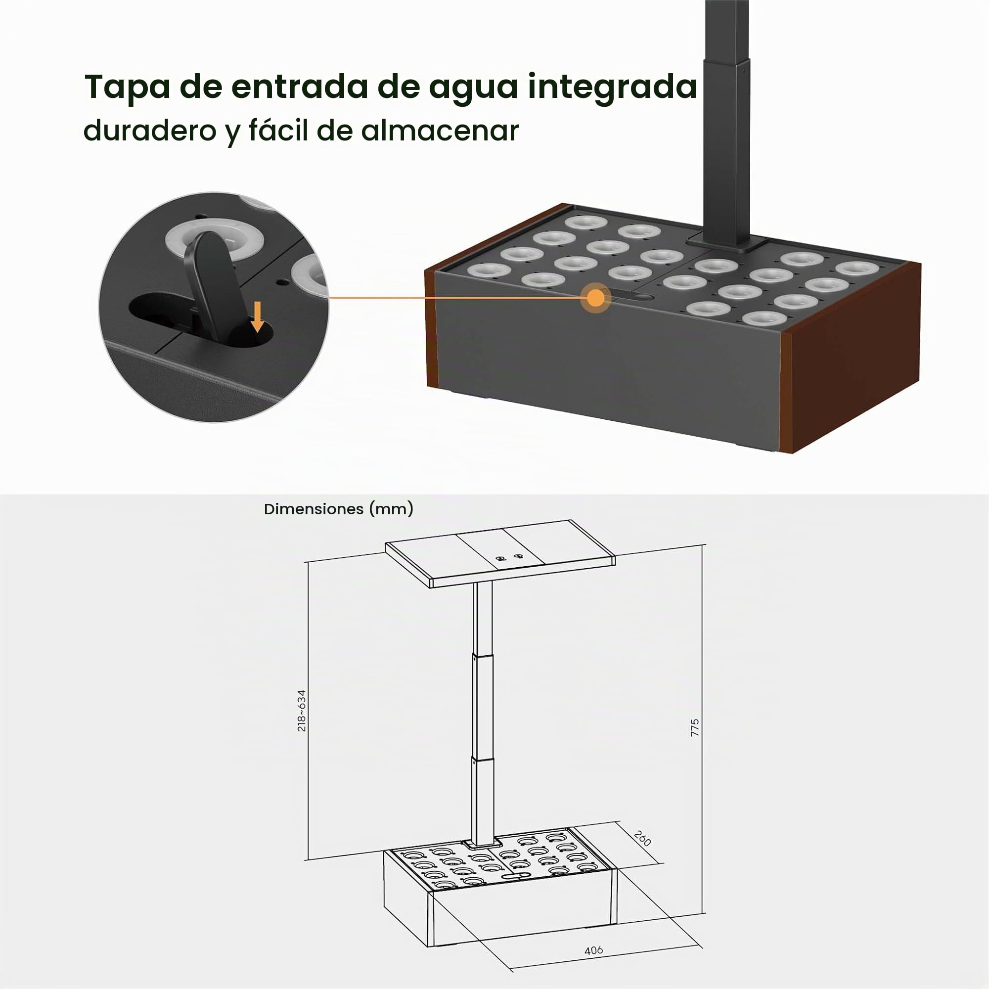 WilTec Huerto de Interior marrón, Altura Ajustable 21-64 cm, hasta 20 Plantas, Panel de Control, iluminación LED, depósito de Agua 9,8 l Sistema de jardín