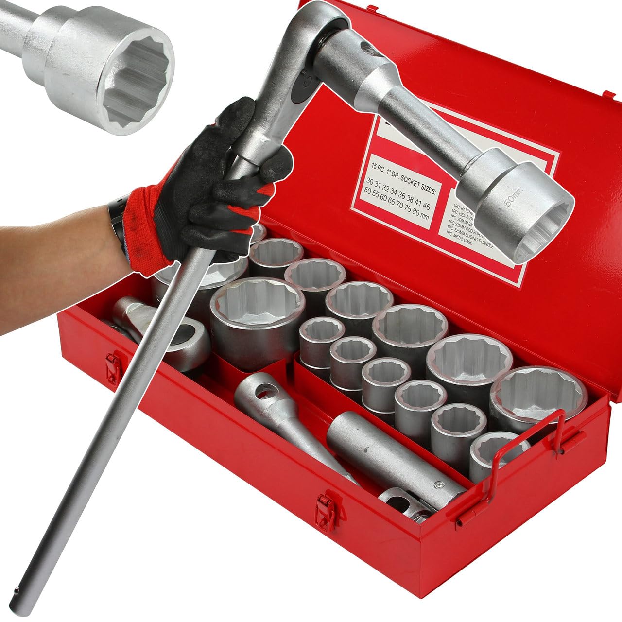 IMJ-Global Zestaw nasadek 1" | 21 sztuk | nasadki 30-80 mm, grzechotka 1", 5 przedłużek, stal CrV, z walizką