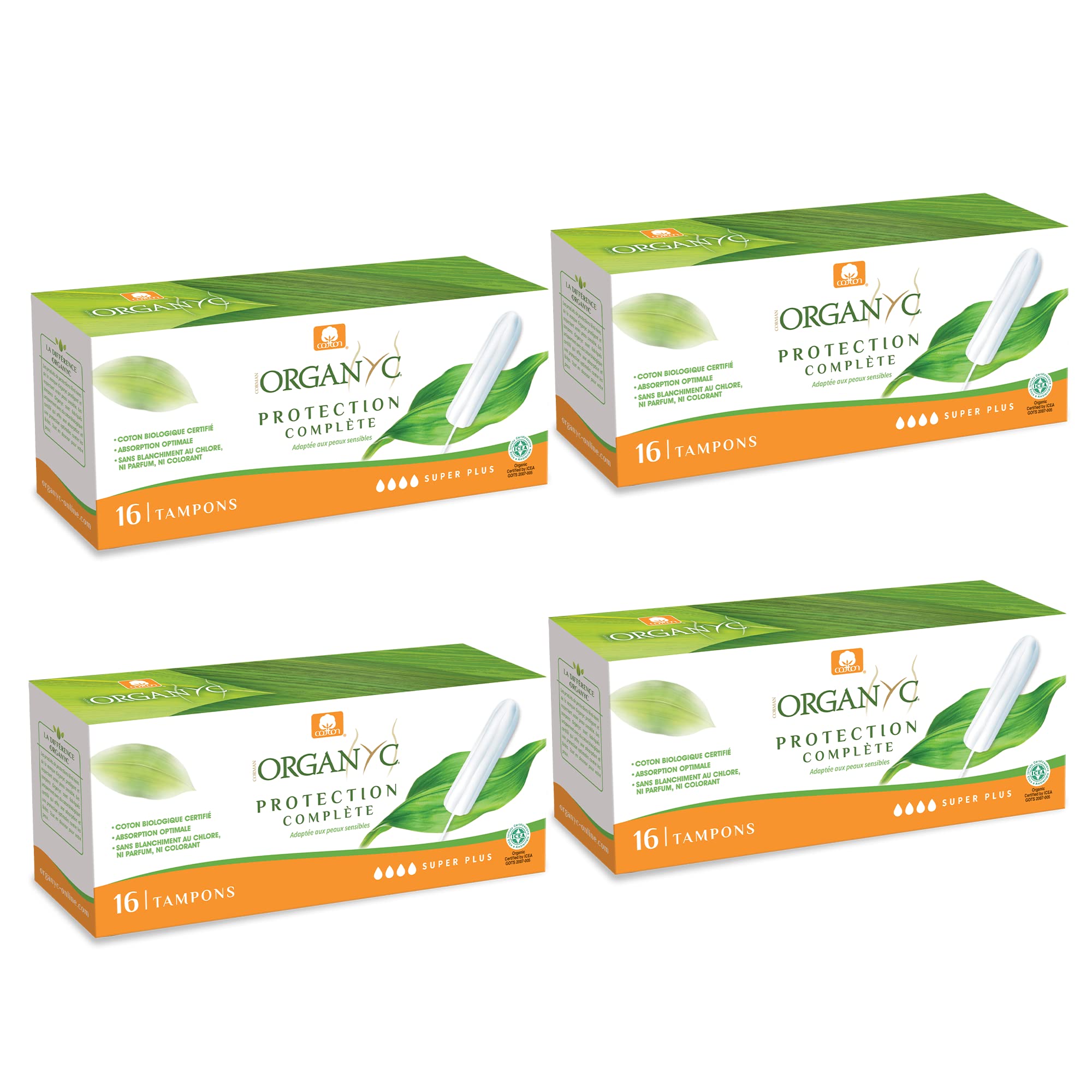Organyc, Tampony ze 100% organicznej bawełny certyfikowanej do stosowania podczas krwawienia bardzo intensywnego - 4 opakowania po 16 sztuk (64 sztuk)