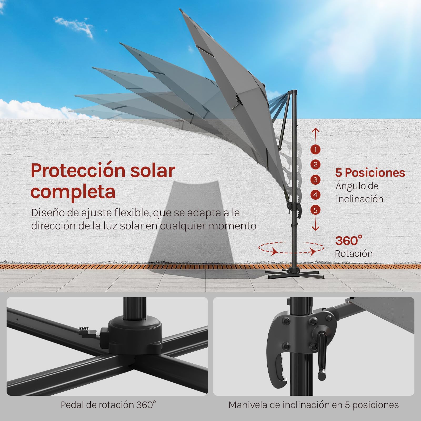 WOLTU Sombrilla Parasol Ø 3 m, Parasol Jardin Giratorio 360°, UPF 50+, Ajustable de 5 Niveles, con Base Manivela Mástil de Metal, para Terraza Playa Piscina Mercado Patio Exterior