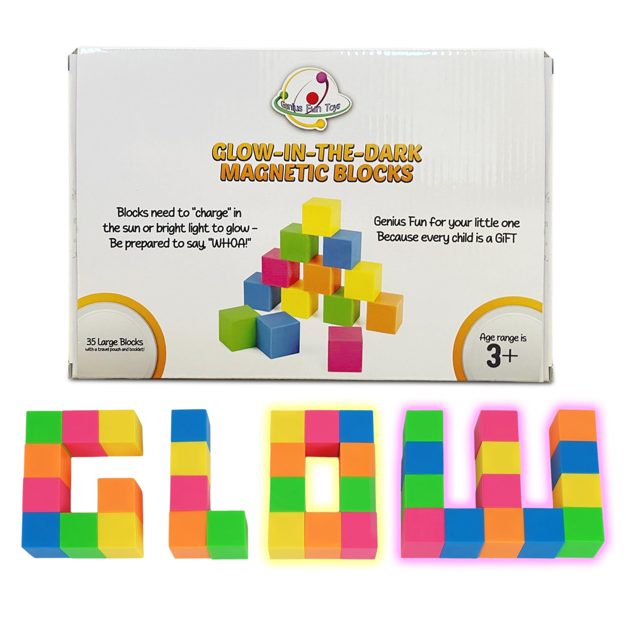 Glow in The Dark Toys Magnetic Building Blocks 35 PCs Neon Block – Safe Magnet Blocks for Kids & Toddlers Aged 4-8 | Magnetic Building Cubes w/Manual & Travel Pouch – STEM Educational Toys