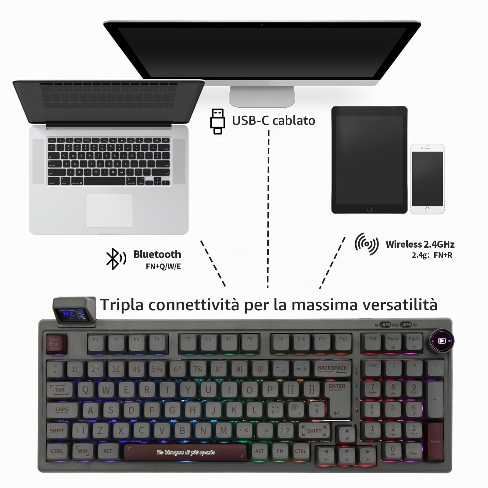 EPOMAKER RT100 98 Tasti ISO (UK) Tastiera da Gioco Meccanica con Mini TV Personalizzabile, Guarnizione, Tre Modalità (BT5.0/2.4Ghz/USB-C), presa Hot Swappable (Grey, Wisteria Linear Switch)