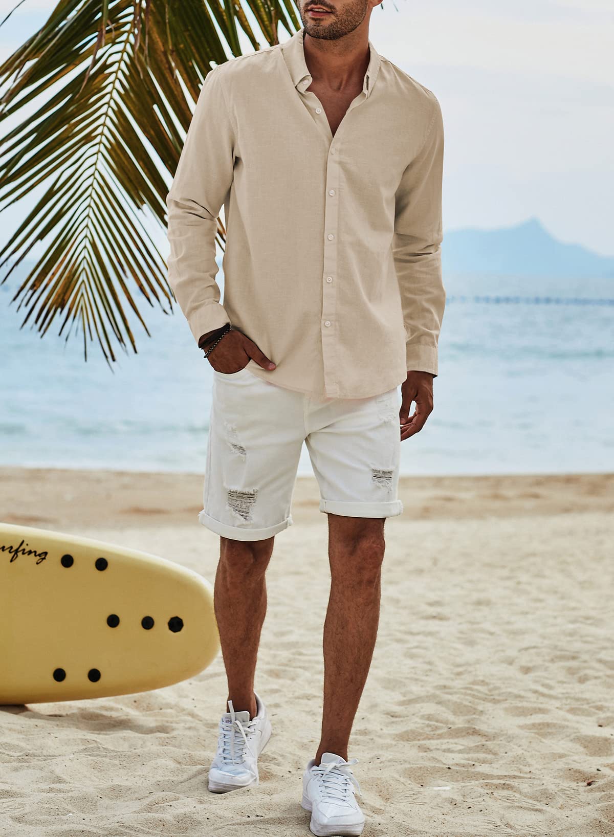 Elegancity Chemise en Lin pour Homme Manches Longues Boutonnée Coupe Régulière Uni Chemise de Plage décontractée d'été