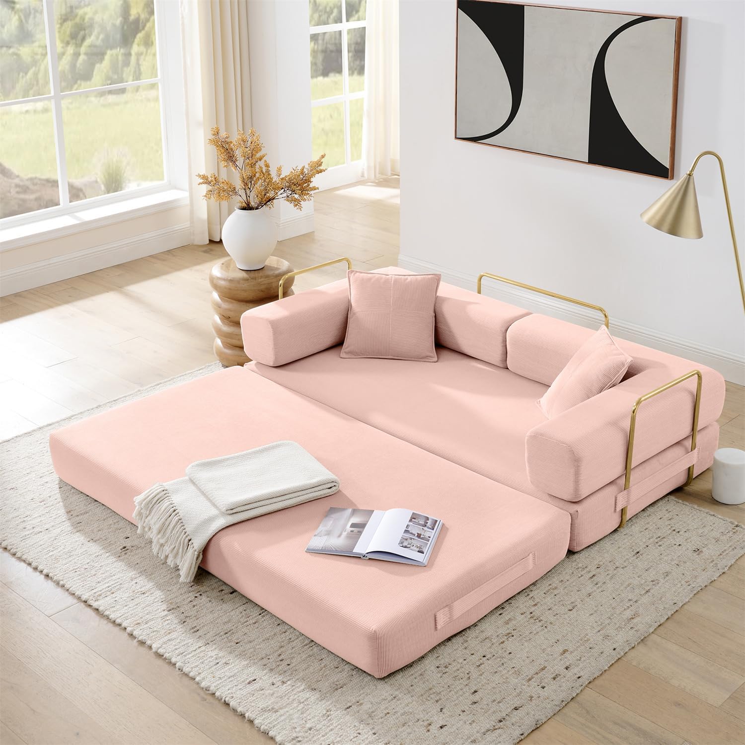 4-in-1 Folding Convertible Sofa Bed, 78 Inch Boneless Couch with Fixed-Shape Frame, Corduroy Loveseat Sleeper with Pull Out Bed, Floor Sofa Modular Futon Couch for Living Room Bedroom Lounge (Beige)