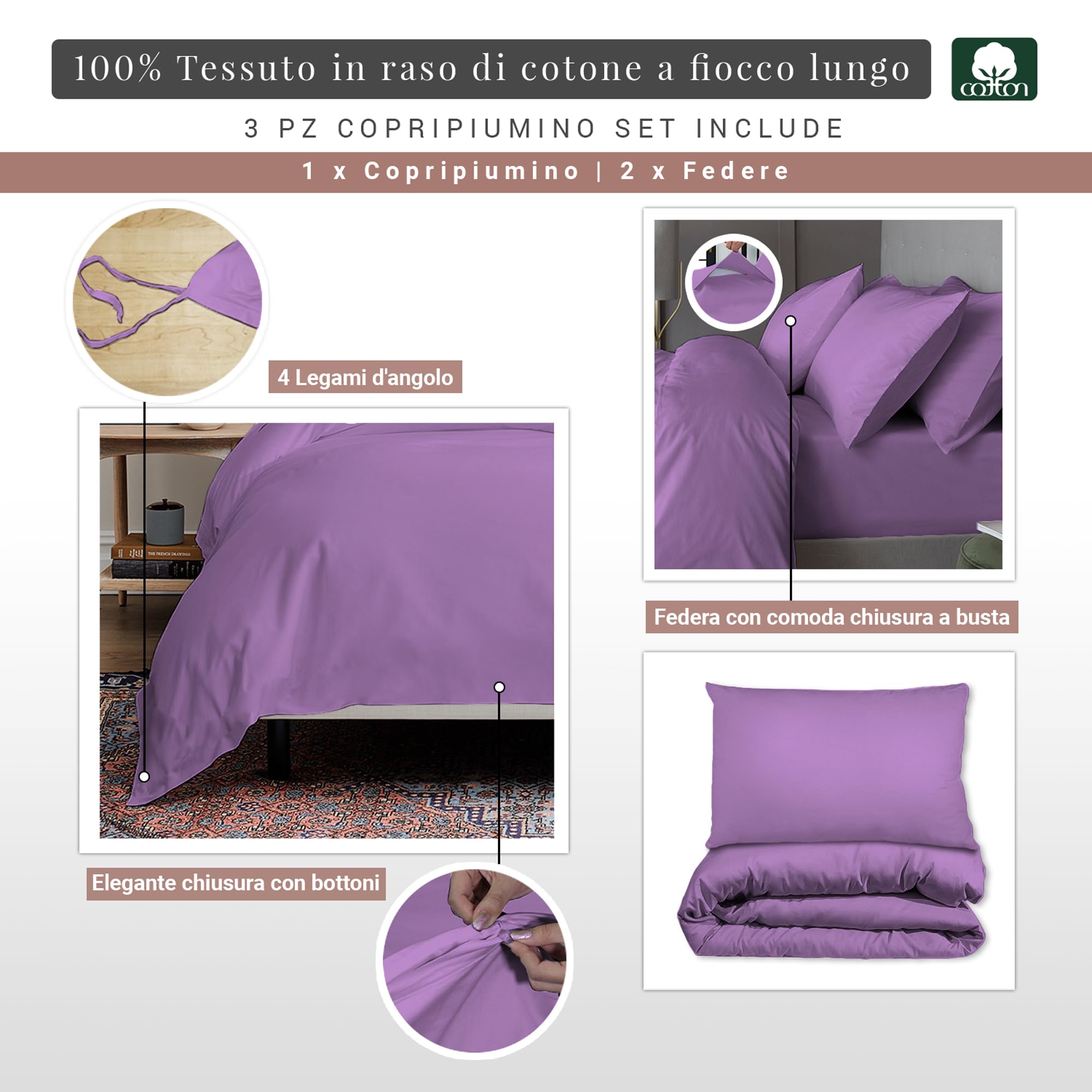 Pizuna Copripiumino 200x200 Cotone Viola, 400 fili con trama Sateen in 100% Cotone a fiocco lungo Copripiumino 200x200 con 2 federe 50x80 (Copripiumino Cotone Viola)
