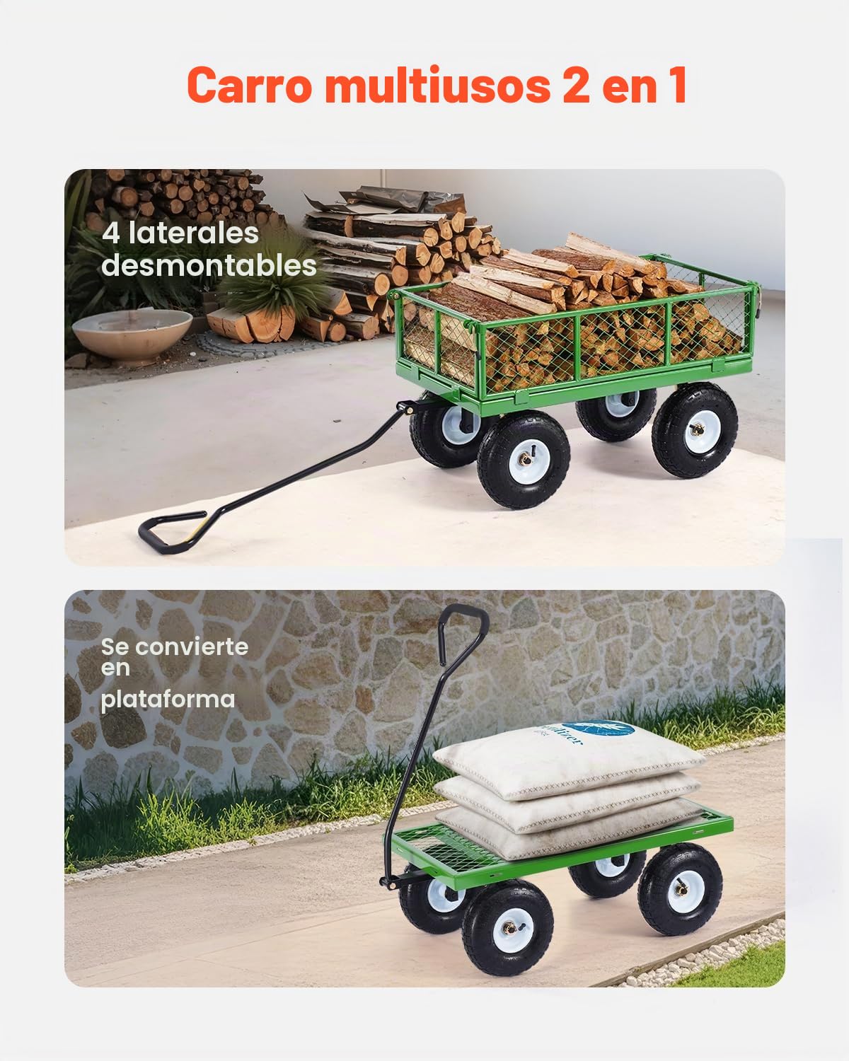 VEVOR Carrito de Jardín de Acero de 1700 x 480 x 515 mm con Neumáticos de 10", Laterales de Malla Extraíbles y Manija Giratoria de 180° para Exterior, Capacidad máxima de Carga de 308,44 kg, Verde