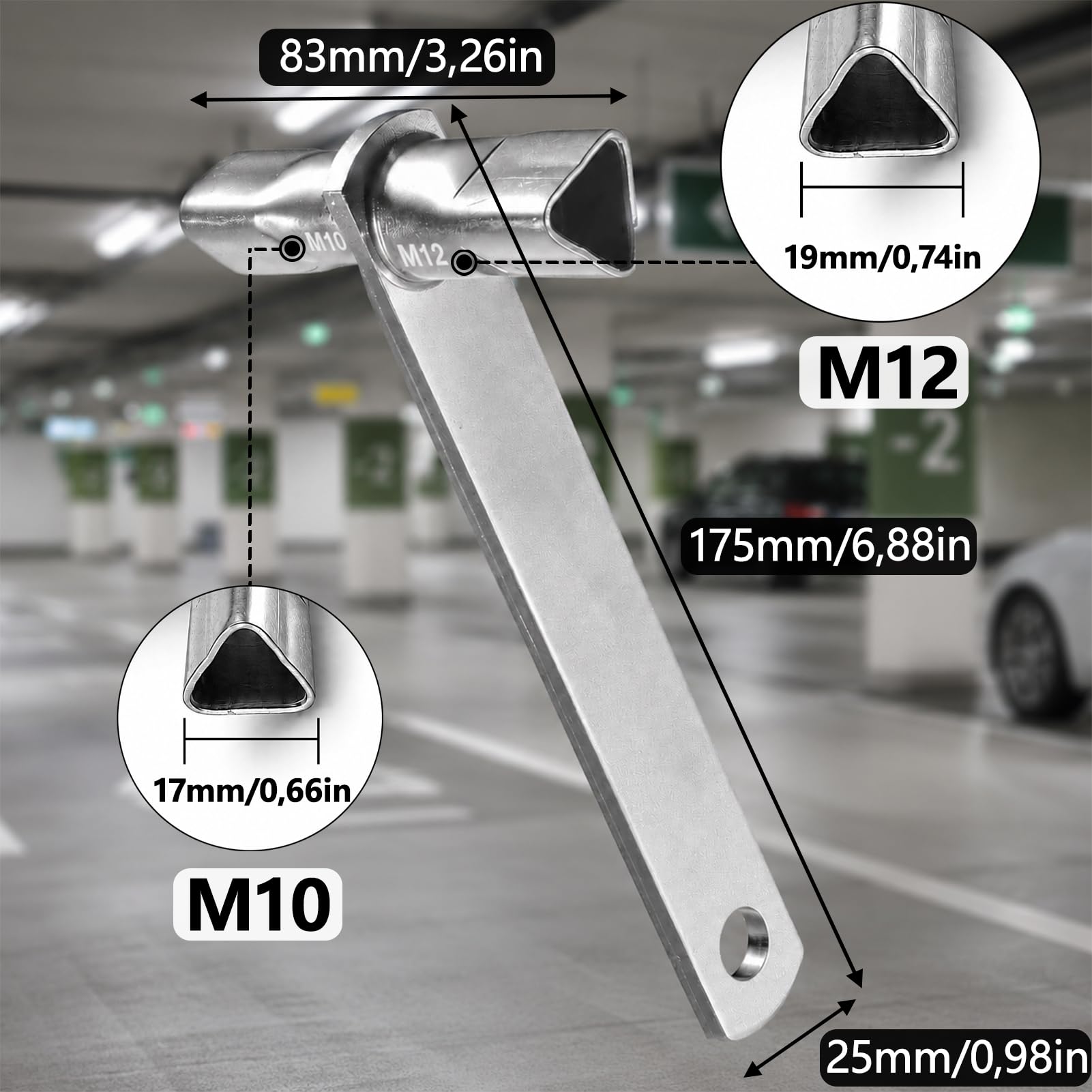 Klucz trójkątny M10/M12 17 mm/19 mm zgodny z DIN 22417, klucz słupkowy do słupków parkingowych, słupków odgradzających, blokad parkingowych i szlabanów, metal ocynkowany