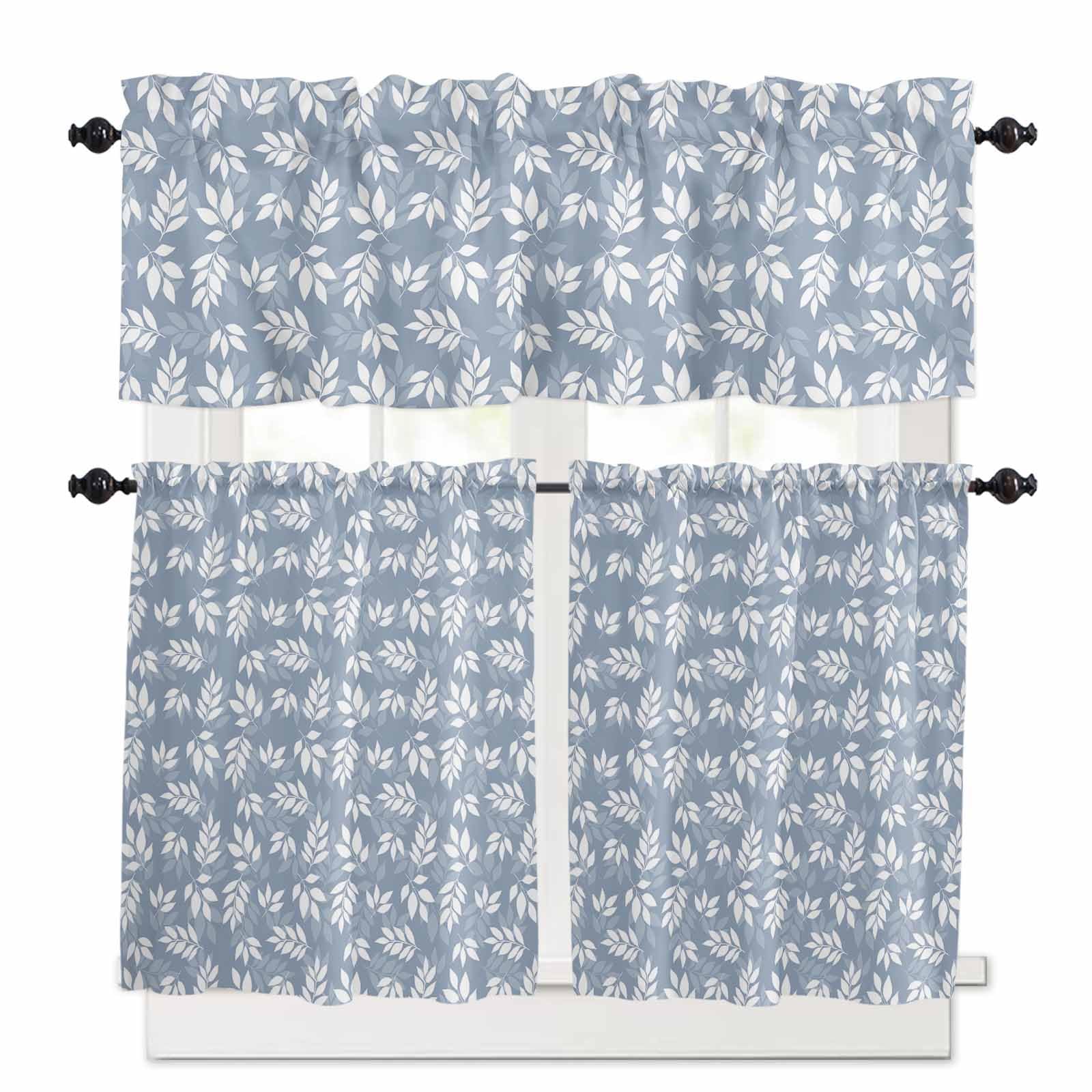 Country Leaves Kitchen Curtains 24 Inch Length, 3 Piece Rod Pocket Small Half Tiers and Valance Set, Blue Spring Pastoral Botanical Leaf Small Large Window Treatment Decor for Bedroom/Bathroom Sink