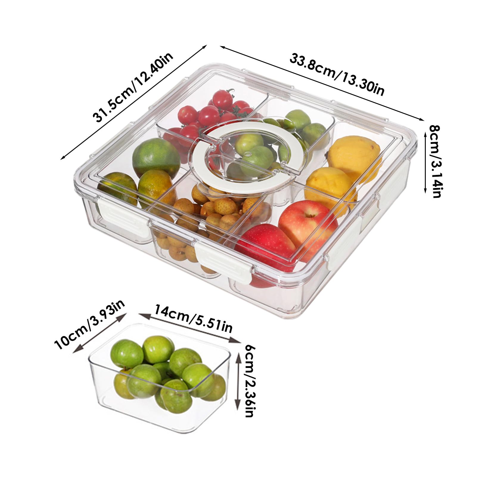 Plateau de service divisé avec couvercle – Organiseur de charcuterie avec 6 compartiments, carré de rangement des aliments, organisateur transparent pour collations, noix, bonbons
