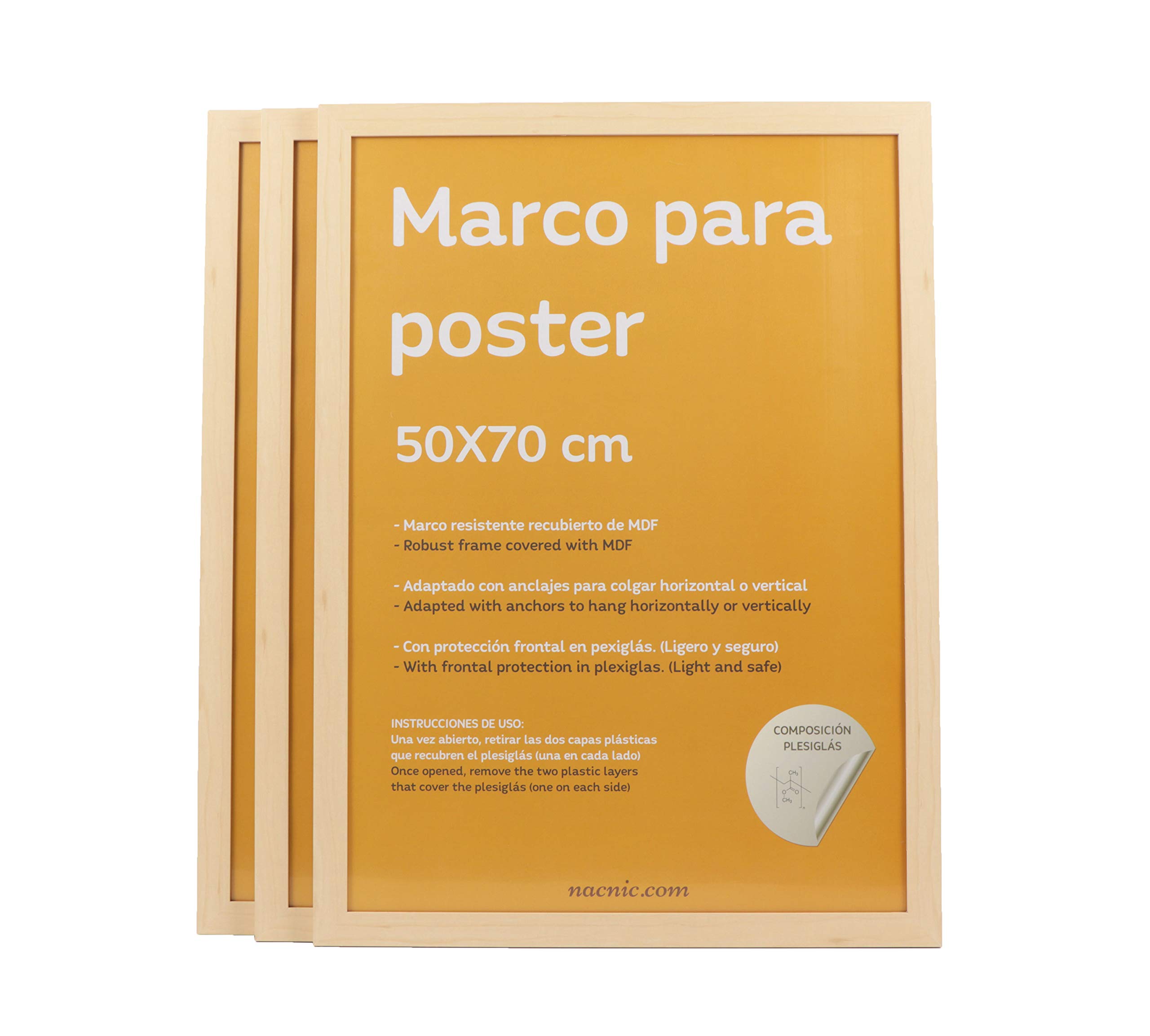 Nacnic - Pack 3 Marcos de Madera MDF Clara y Vidrio Acrílico | Protección y Expositor de Fotografías, Láminas, Pósters, Cuadros y Decoración para Salón, Dormitorio u Oficina | 50x70 cm…