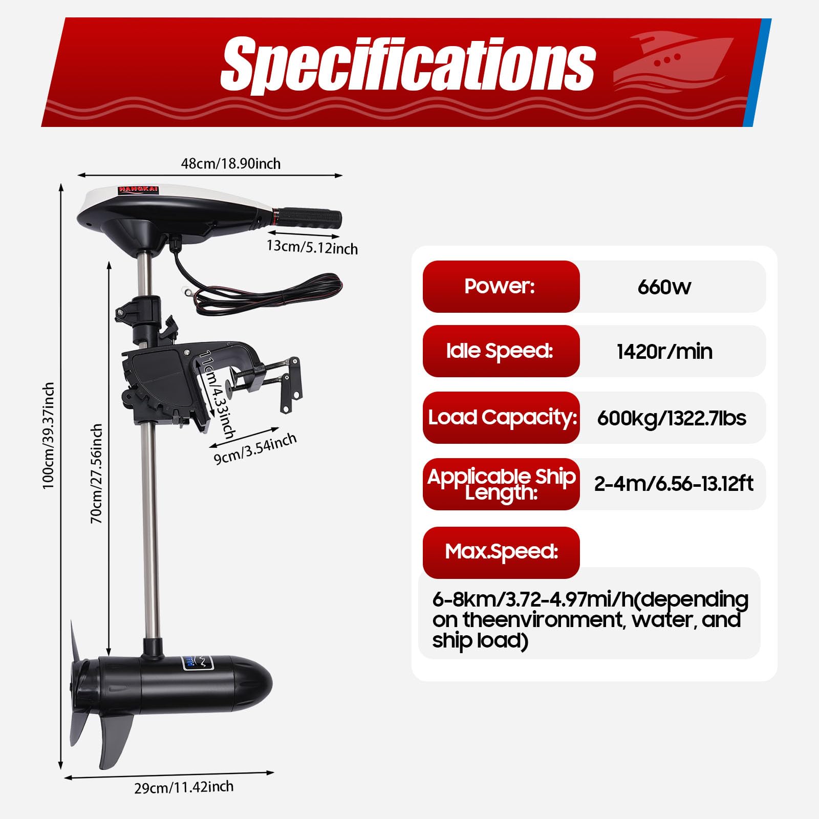 80LBS Motor fueraborda eléctrico de 12 V, motor de barco eléctrico con 5 marchas adelante y 2 marcha atrás, altura ajustable, motor de cobre puro para kayaks, canoas, botes inflables