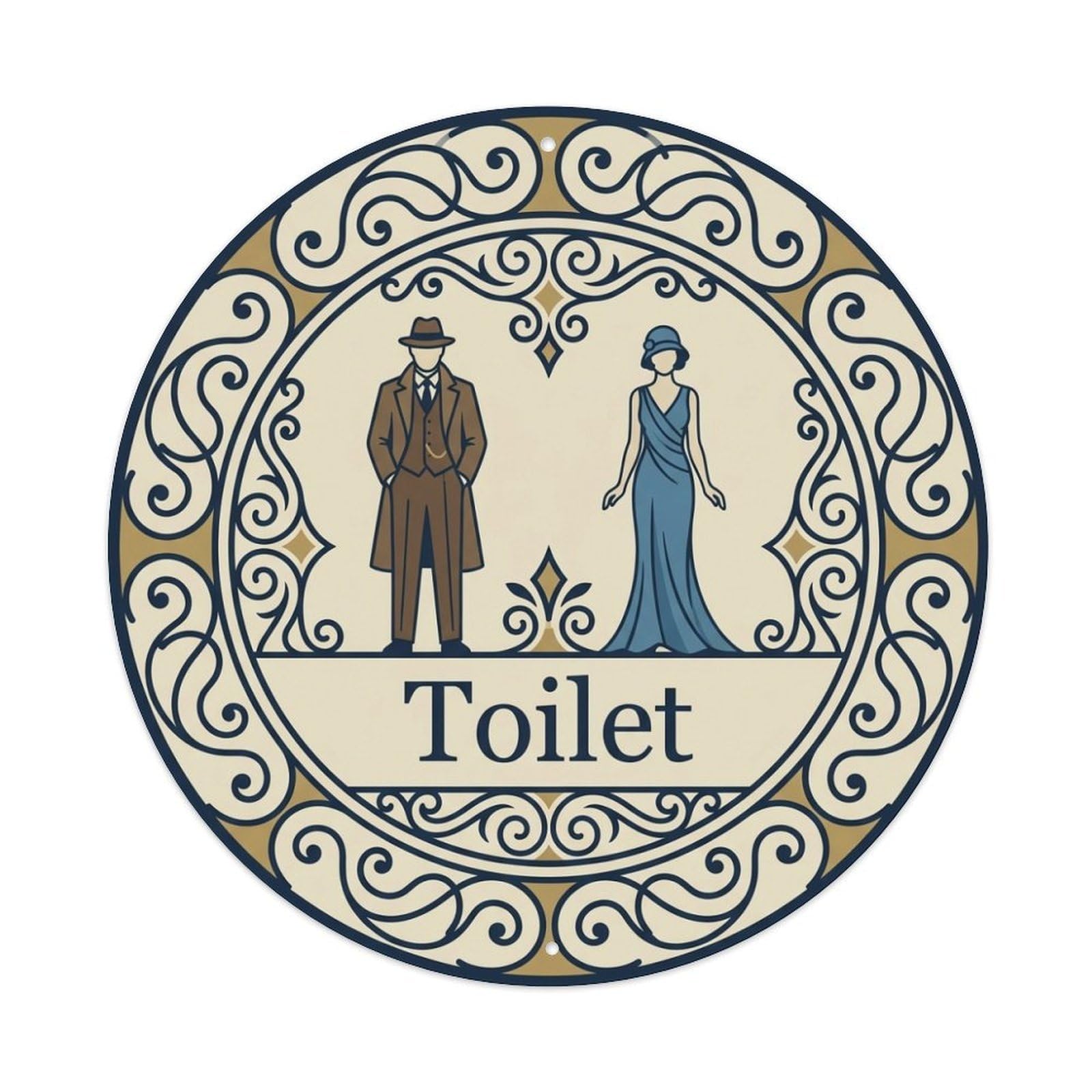 Restroom Notice Toilet Ivory Navy Swirl Frame Metal Tin Sign