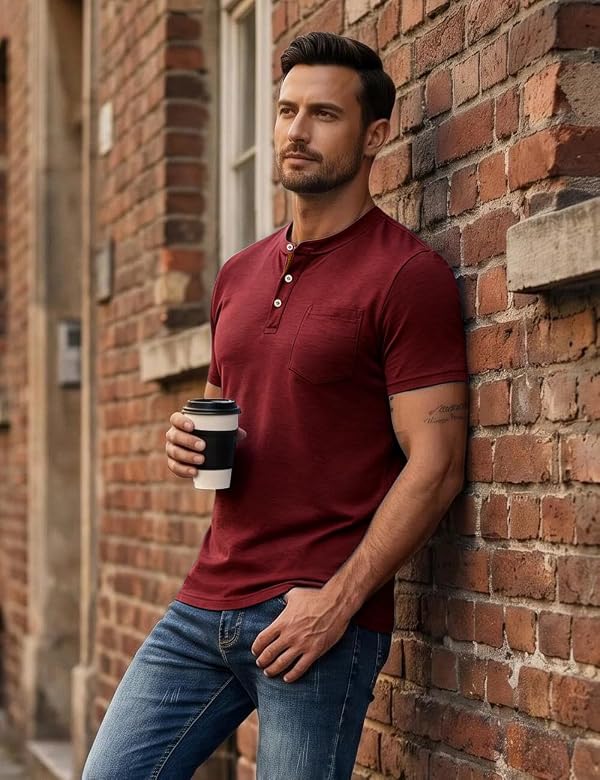 LINENNMAIN Men's Henley Shirts Short Sleeve Button T-Shirts Casual Summer Classic Pocket Tee Top Burgundy by LINENNMAIN - Used condition - Image 7