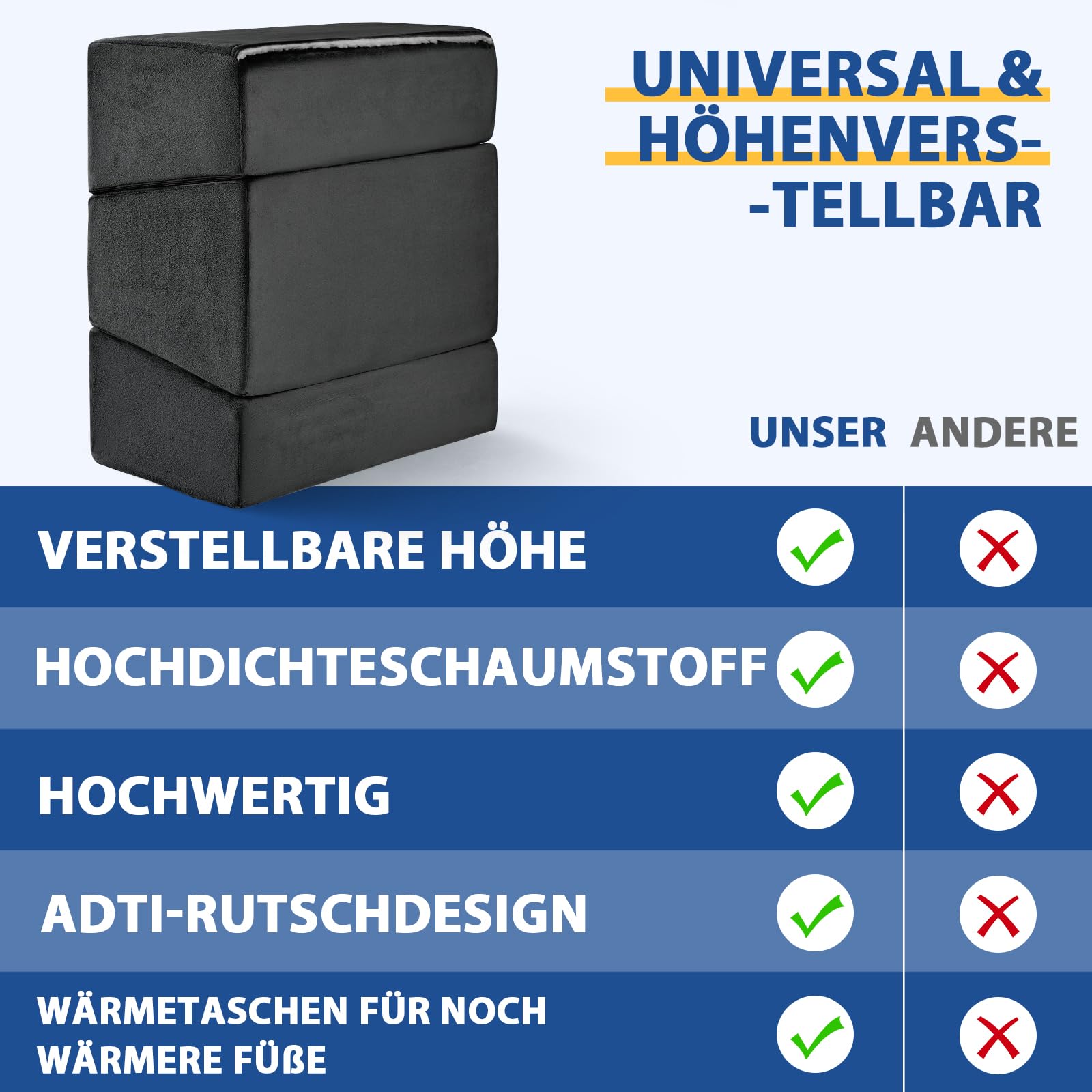 Fußstütze für unter den Schreibtisch im Büro, höhenverstellbare Fußbank für Bürostuhl & Gaming-Stuhl, ergonomische Fußkissen-Schreibtischfußhocker mit waschbarer Hülle für Zuhause, Fußstützenkissen