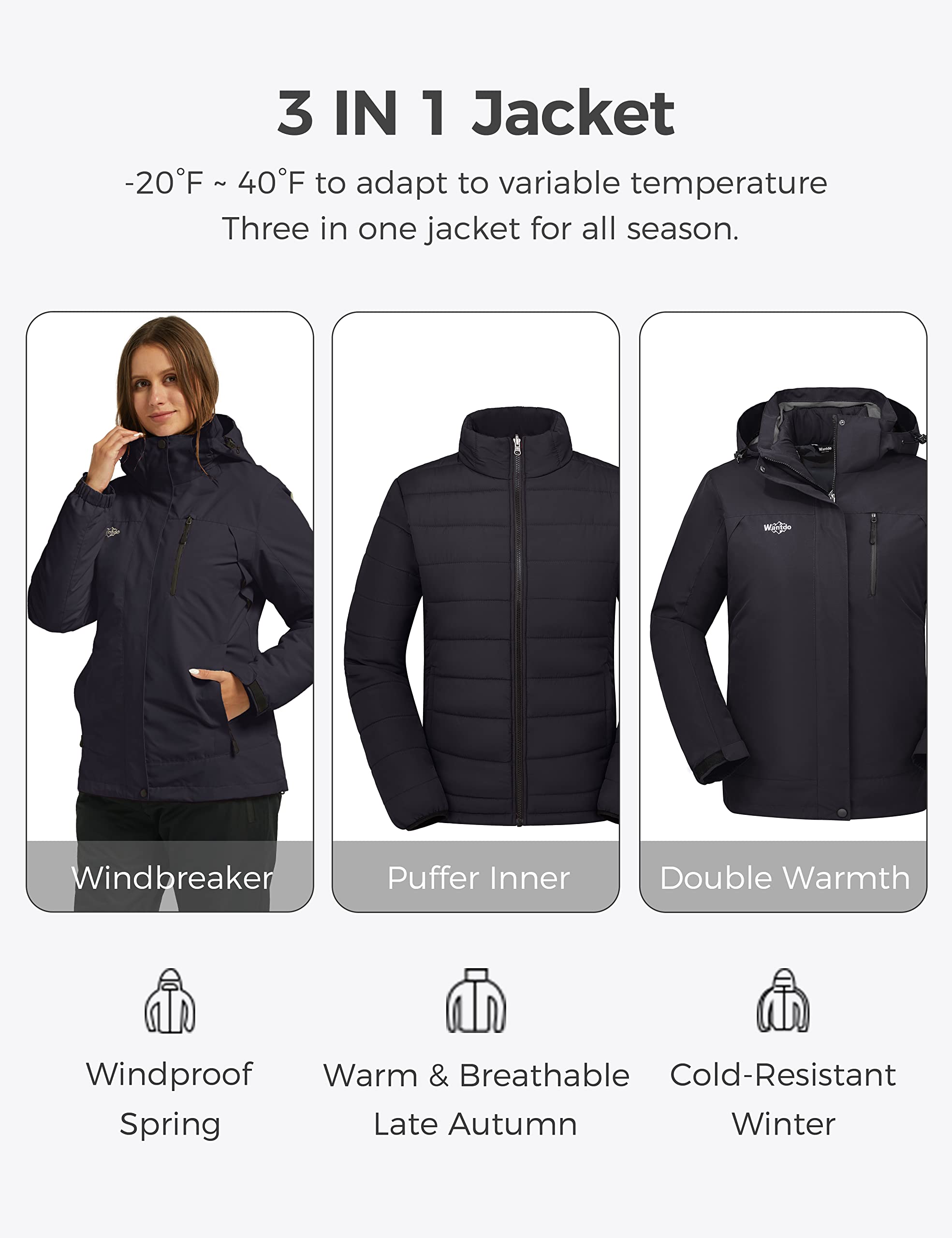 Wantdo Damen Warm Winter Jacke Abnehmbarer Innenschuh 3-in-1 Jacke wasserdichte Snowboardmäntel Kapuzen Windjacke