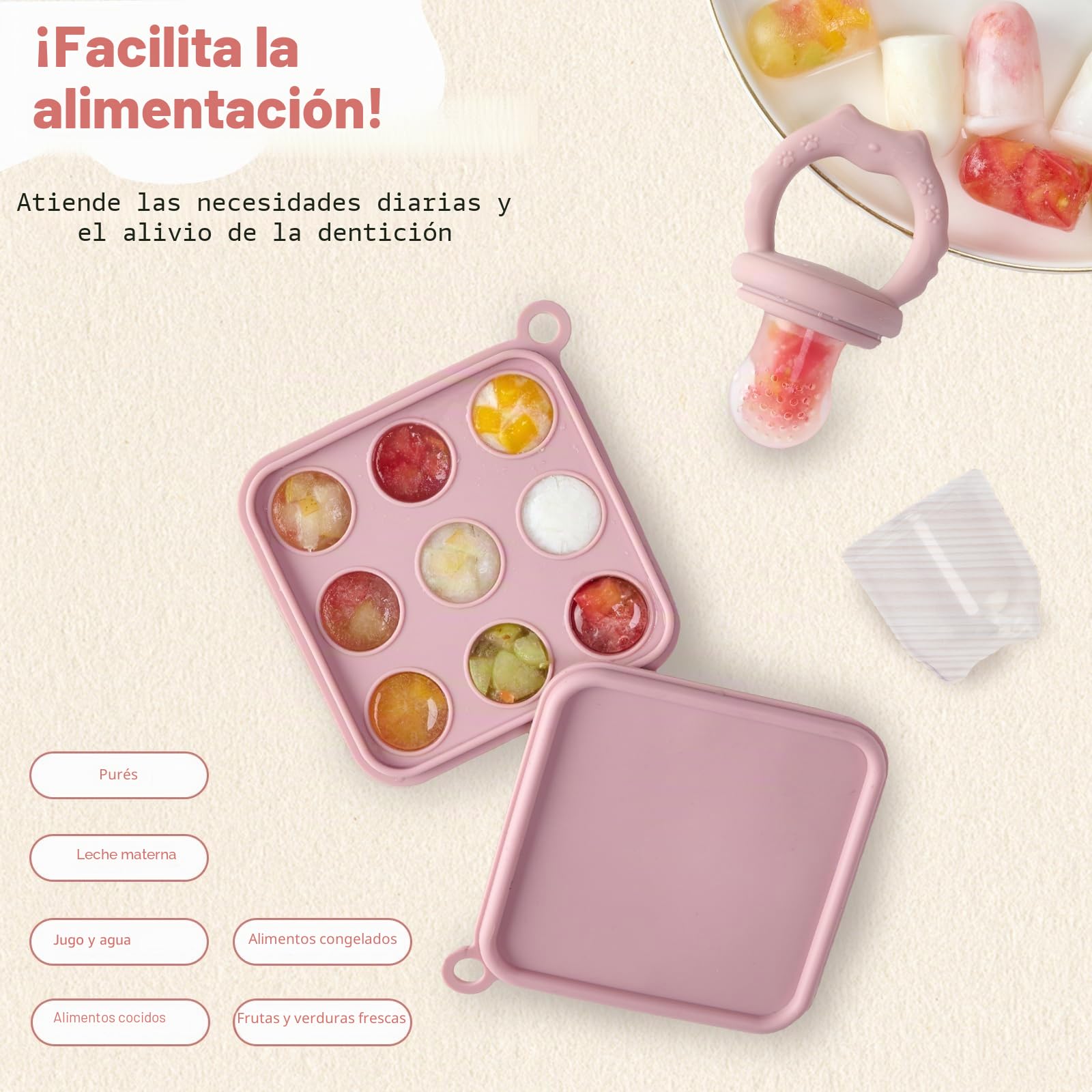 Alimentador de frutas para bebés y moldes para paletas de leche materna, bandeja de silicona para congelar alimentos para enfriar la dentición, alimentador de alimentos para bebés para una (Blue)