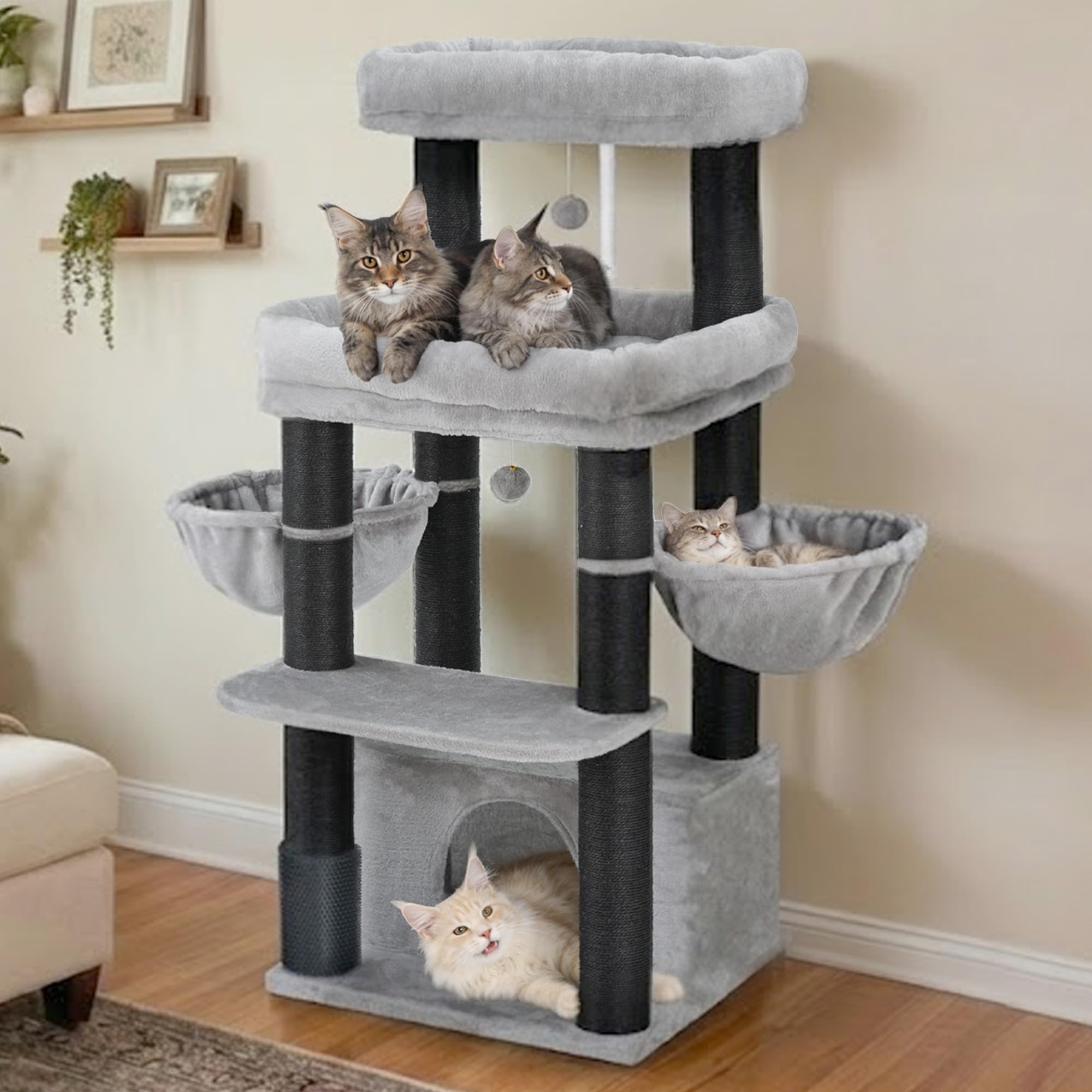 Hey-brother Kratzbaum, Stabil Katzenbaum für große Katzen und Maine Coons, mit 8 cm dicken Sisal-Kratzpfosten, Zwei Plattformen, Zwei Körben, großer Höhle und Fellpflegegerät, Hellgrau EMPJ02W