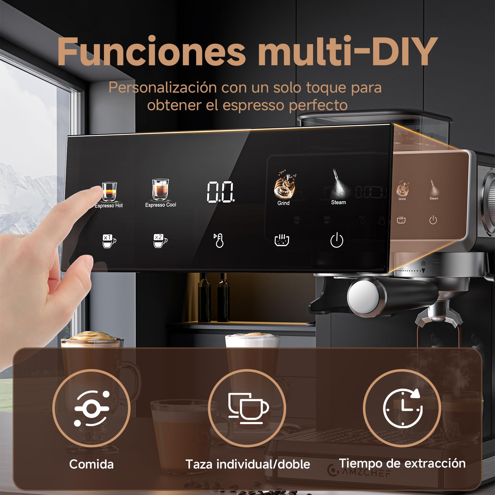 AMZCHEF Cafetera express con molinillo, cafetera espresso 20 bar para casa con vaporizador de leche, 3 niveles de temperatura, 20 ajustes de molienda, función de café frío y caliente, pantalla táctil