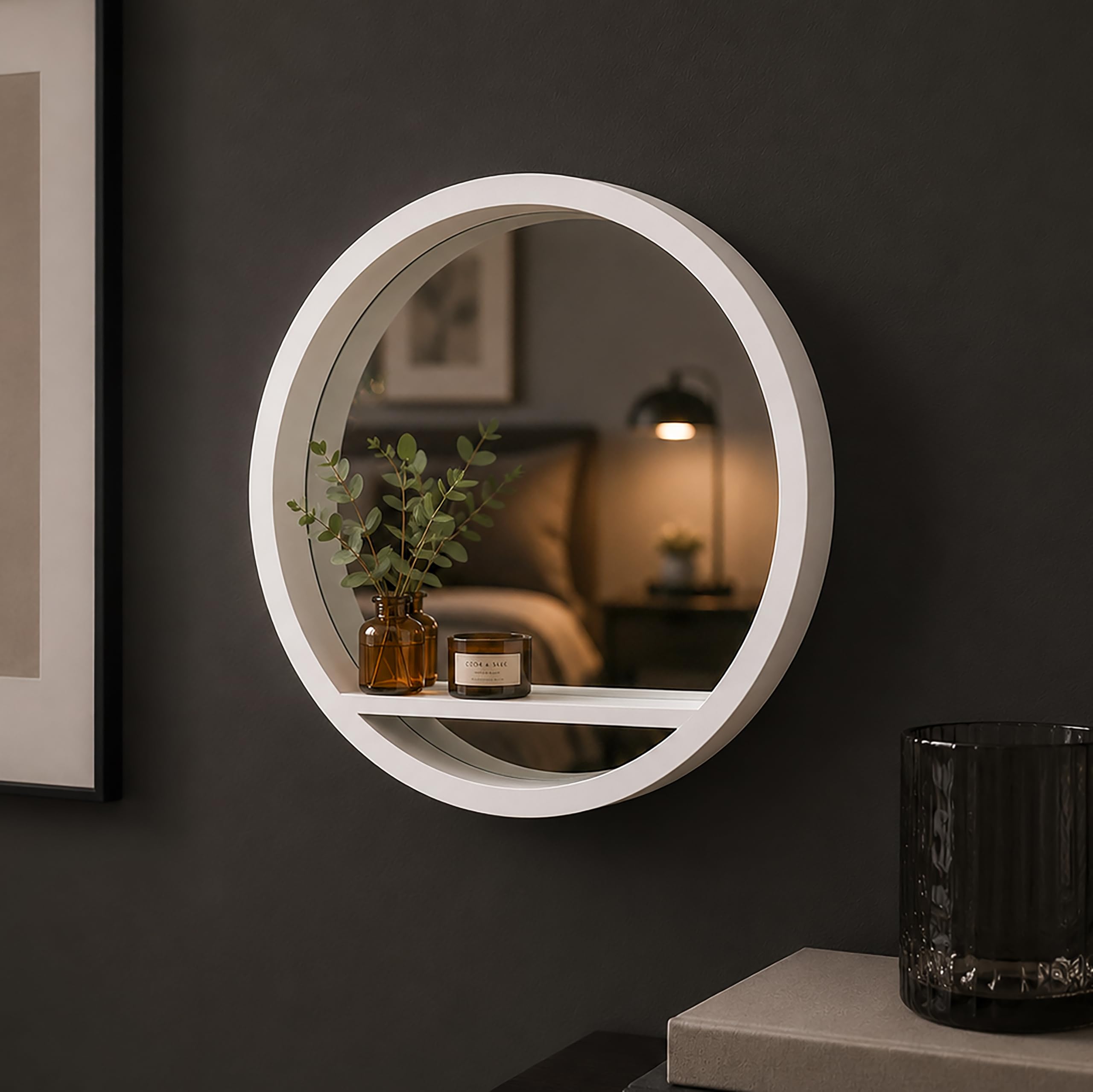 Homezone Round Wall Mirror with Shelf 35cm White Hanging Bathroom Hallway