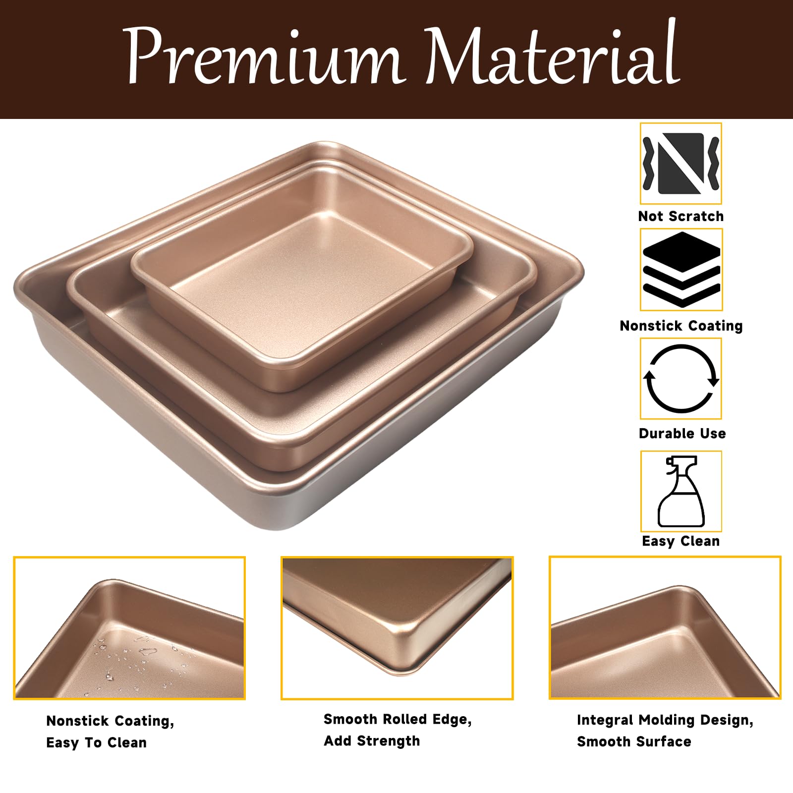 Juego de 3 moldes rectangulares para tartas, antiadherentes de carbono para horno, bandeja de horno dorada, bandeja de horno para brownie, pan, cacerola