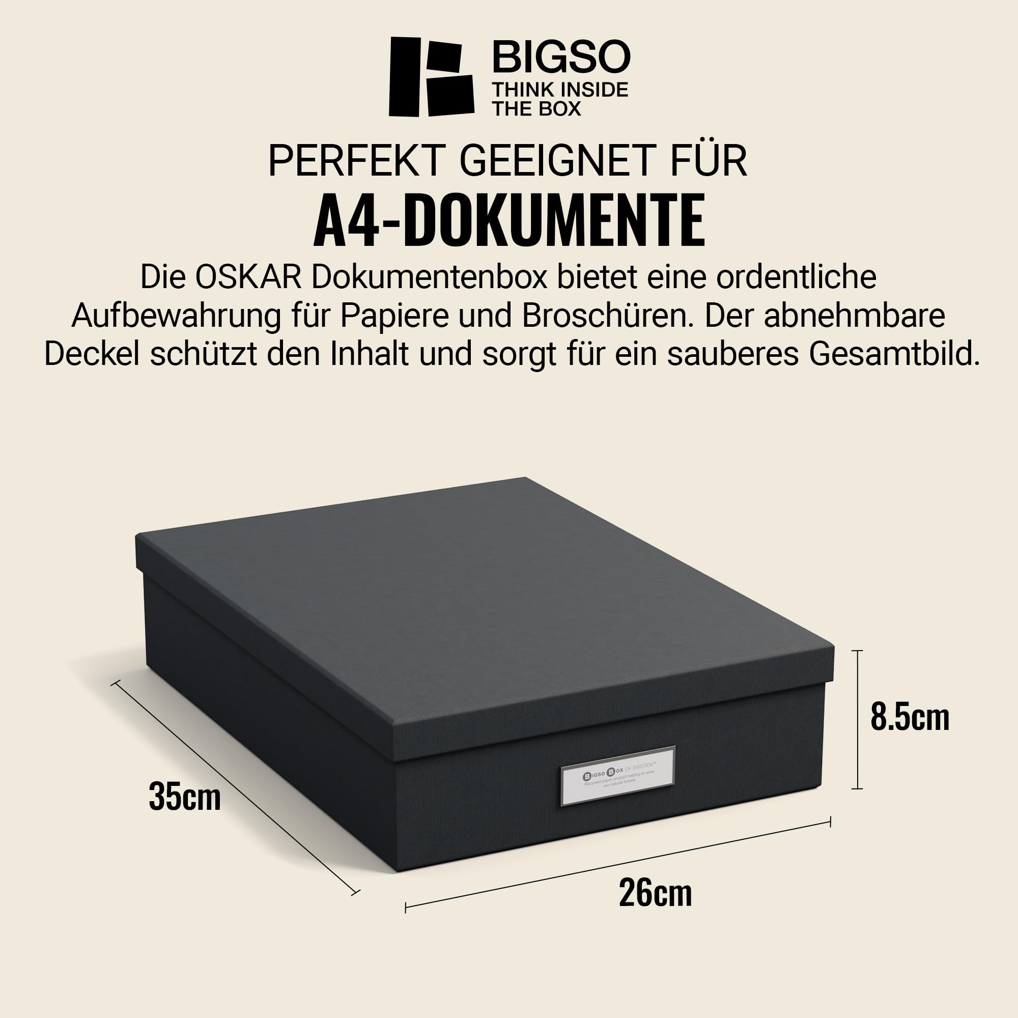 Bigso Box of Sweden OSKAR Pudełko na dokumenty A4, broszury itd. – półka na biurko z pokrywką i uchwytem – pudełko do przechowywania z płyty pilśniowej i papieru – ciemnoszare