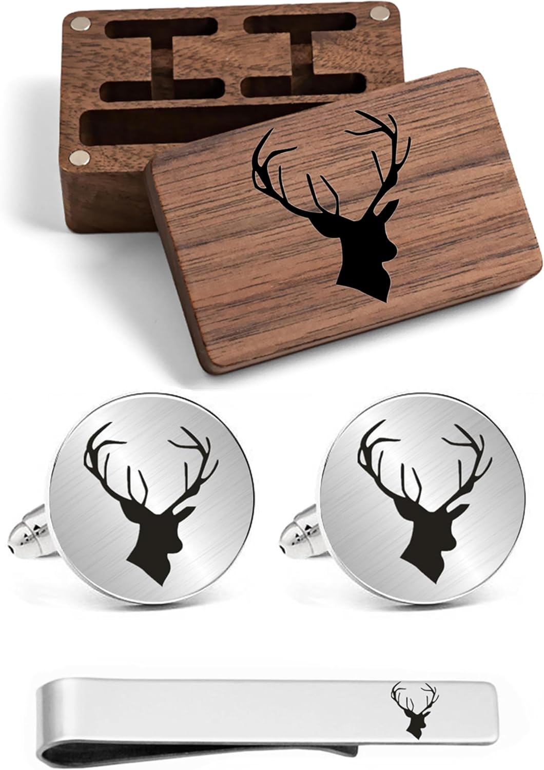 Kooer Birthday Gifts For Husband, Stainless Steel Engraved Deer Head Cufflinks Buck Stag Cuff Links Tie Bar Set Men's Jewelry Gifts For Husband Father Dad Boyfriend