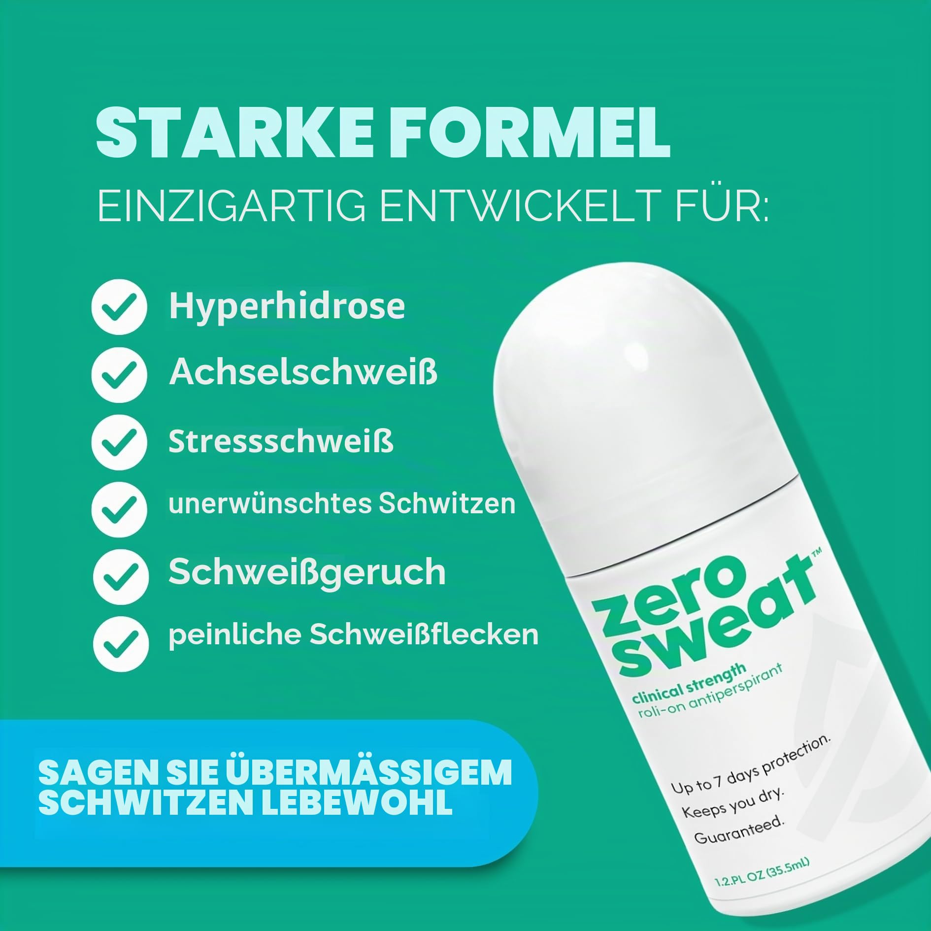 ZeroSweat - Das klinisch starke Deodorant und Antitranspirant zur Behandlung von Hyperhidrose, reduziert den Achselschweiß