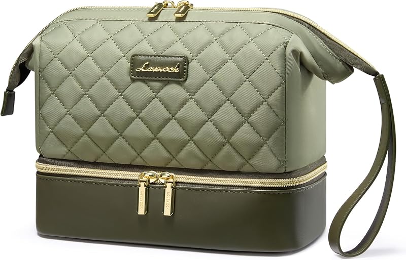 LOVEVOOK Estojo de maquiagem para viagem com 2 compartimentos e porta-pincéis, Verde