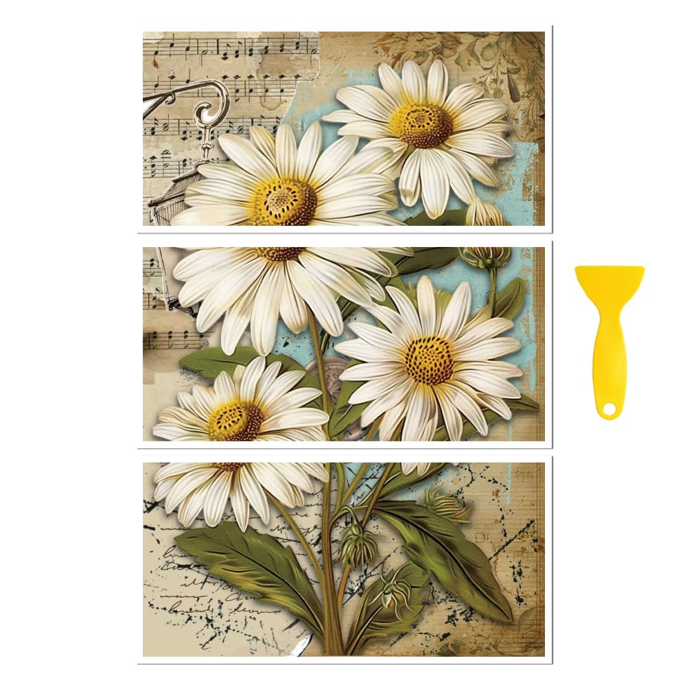 Peacoblue Rub on Transfer Decal Sticker for Furniture Craft Decor 6"x12" Vintage Daisy Scrapbook, 3Pcs Waterproof UV DTF Transfer for Drawer Dresser Glass Porcelain Wood Plastic