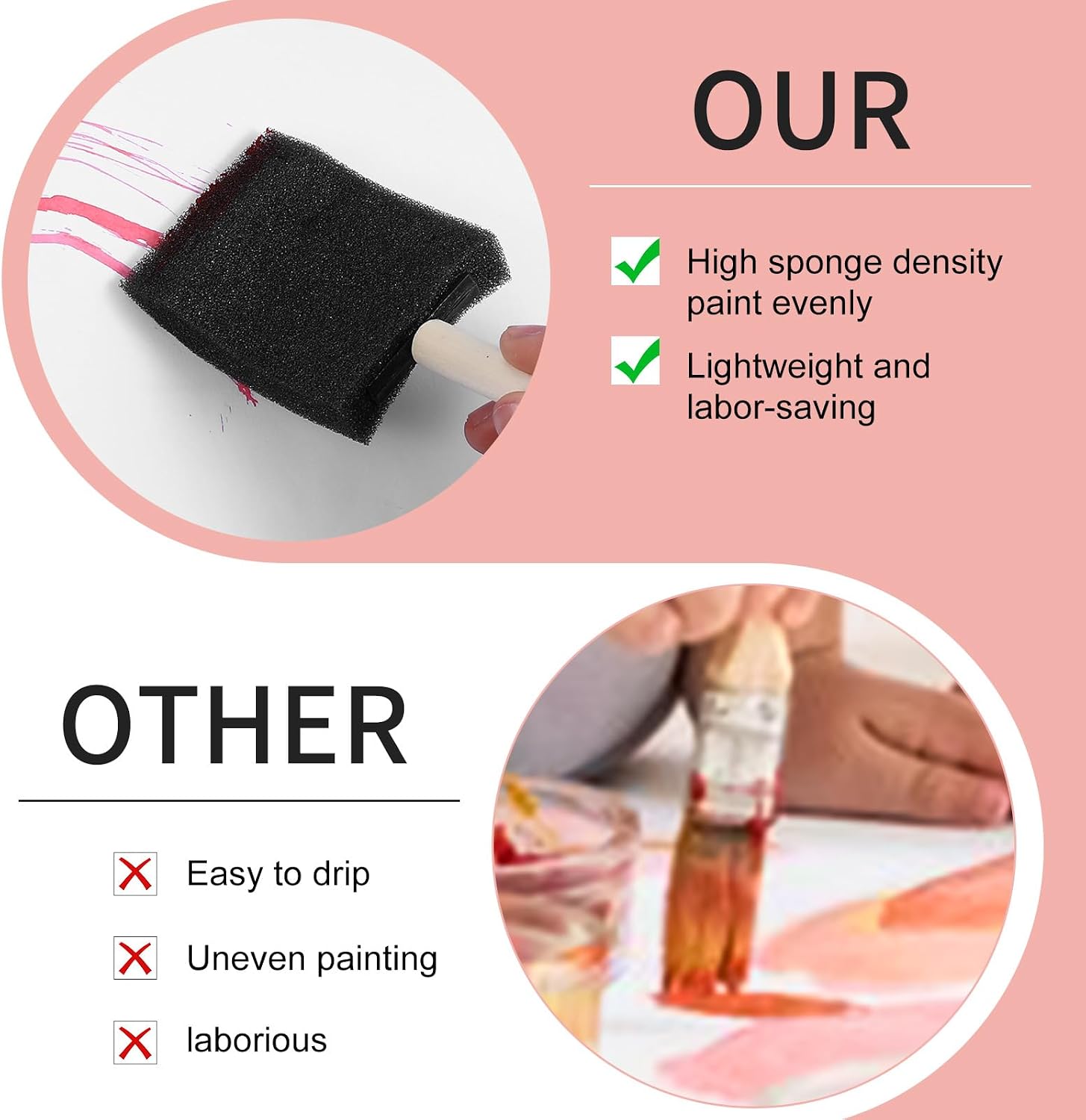 4 PCS 4 Sizes Foam Paint Brush Wood Handle Sponge Brushes for Crafts Applicator Stain Sponges for Wood Paints Sponges for Acrylic Painting Staining DIY Large Area