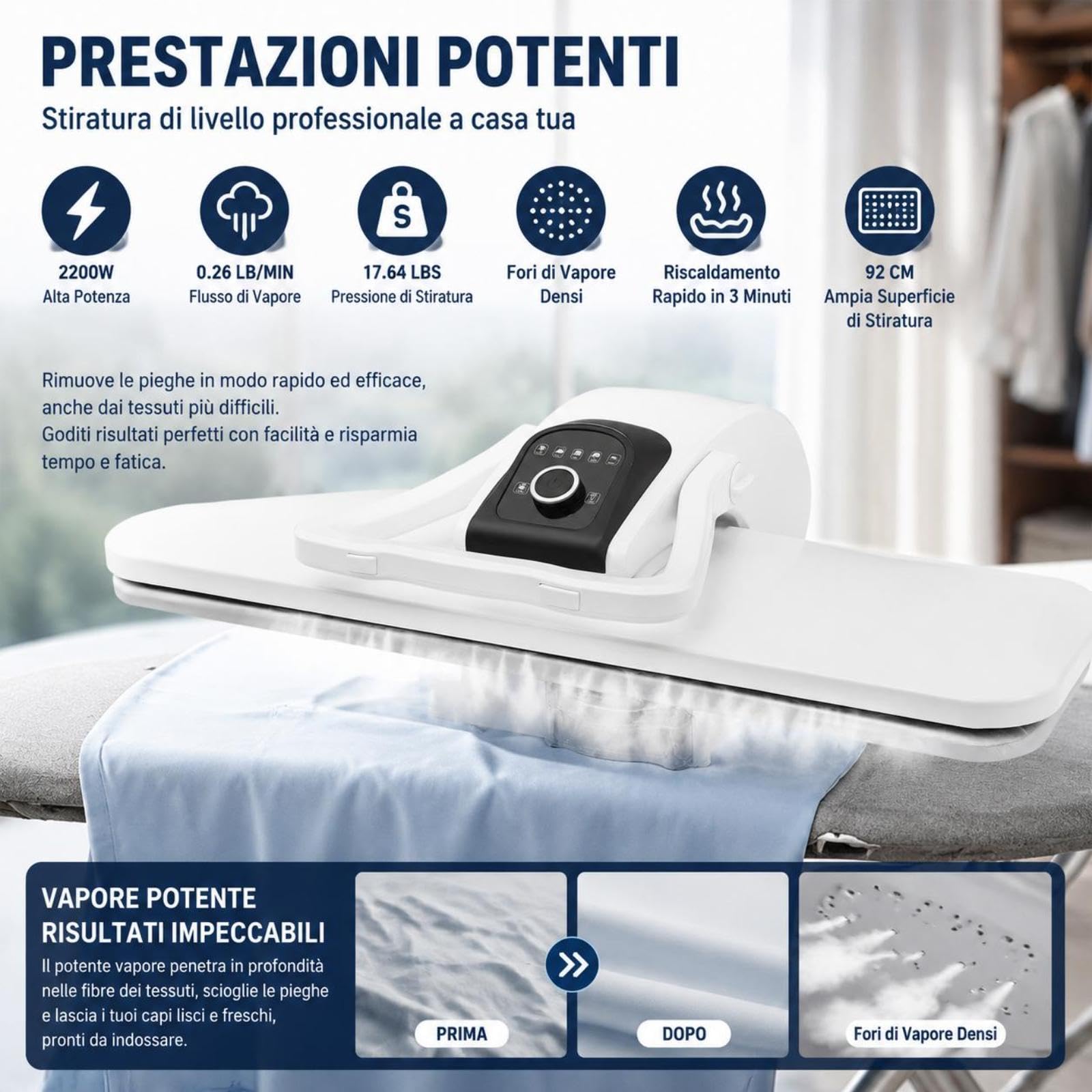 Pressa a vapore professionale, 2200 W, macchina da stiro intelligente, 91 cm, intervallo di temperatura 90-200 °C, 5 livelli di temperatura, forza autobloccante 8 kg, stiratura super veloce (bianco)