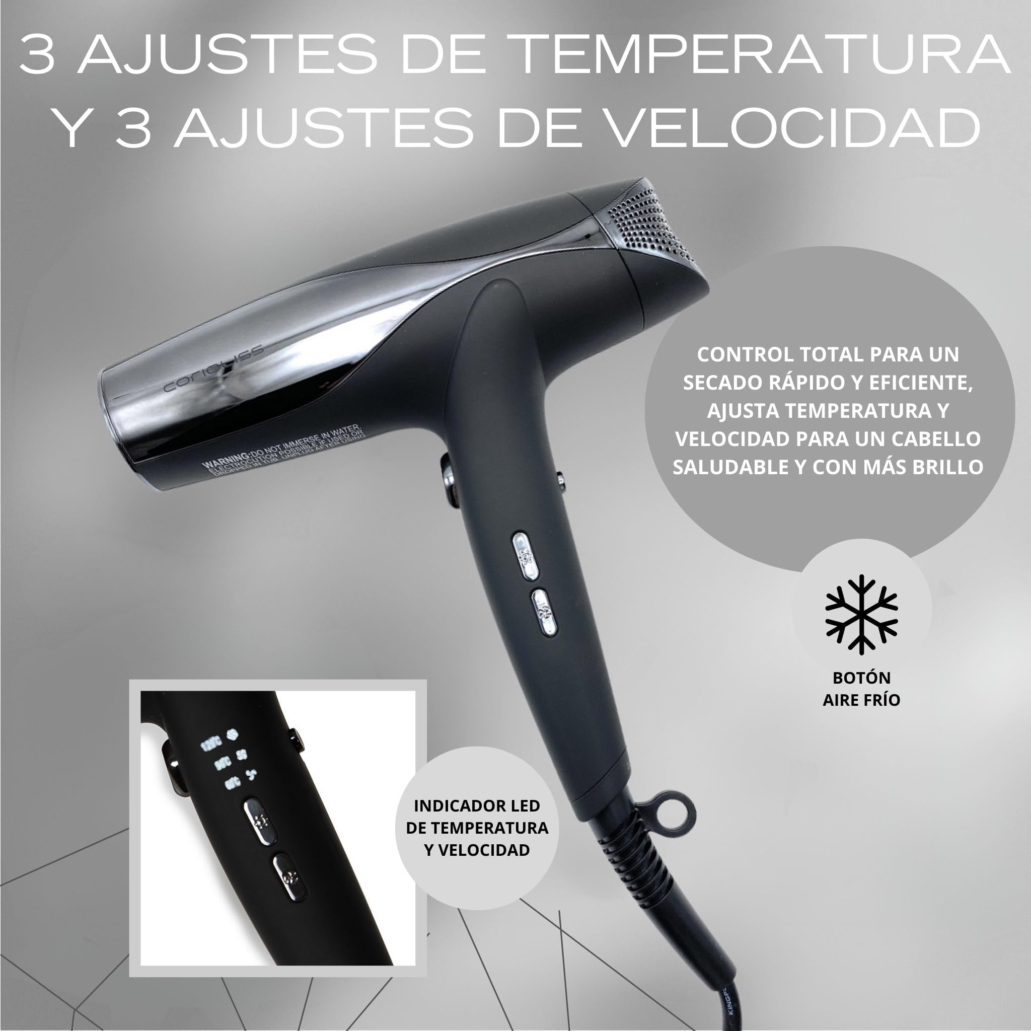 Corioliss Secador de Pelo Profesional Wind con Generador Iónico | Motor BLDC 1500W | Ligero y Silencioso | Difusor y 2 Boquillas Magnéticas | Control LED de Temperatura y Velocidad
