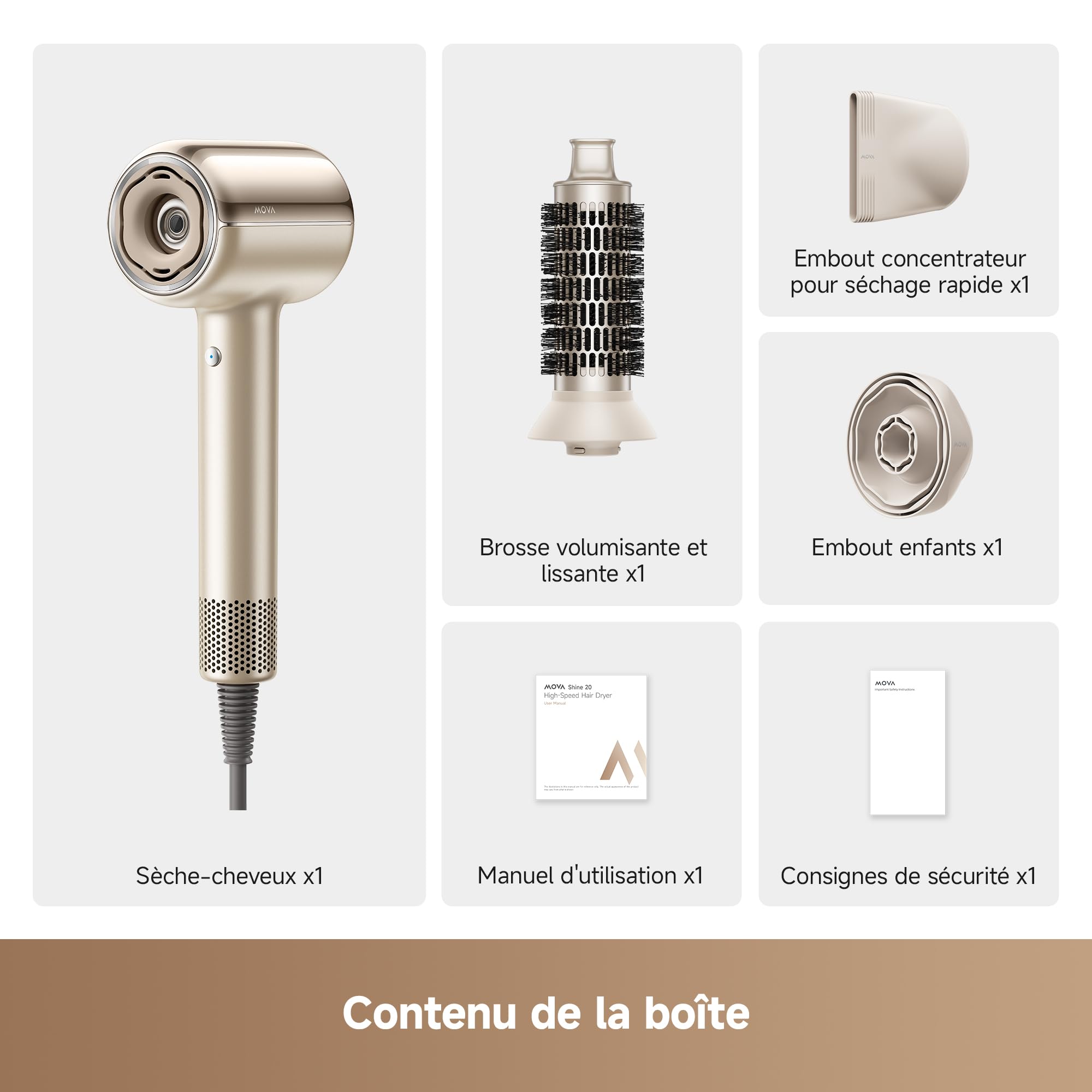 MOVA Shine 20 Sèche cheveux, réglage automatique des modes, Seche cheveux ionique, moteur haute vitesse, soins capillaires plasma, contrôle par capteur NTC 1 000 f/s, plusieurs modes de séchage, Or