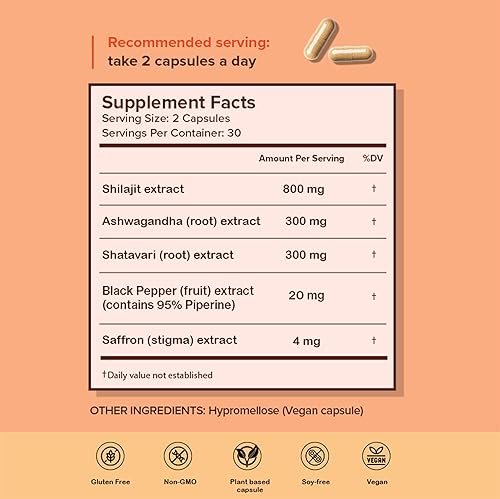 Vista 8 de Shilajit for Women, 16,000mg with 70% Fulvic Acid, Natural Extract, Lab Tested, with Shatavari and Saffron, No Artificial Preservatives, Non-GMO, 60