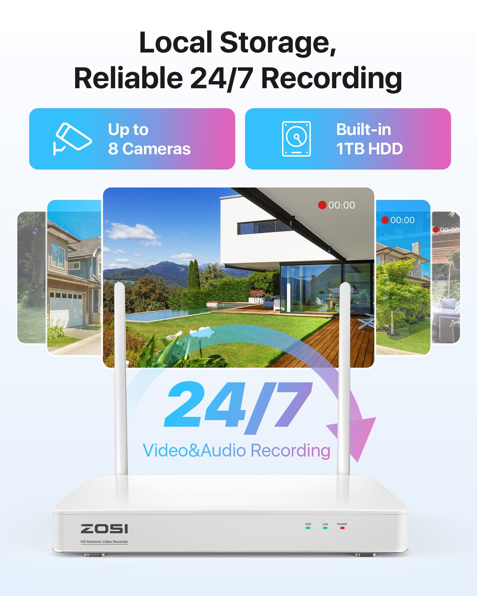 ZOSI 4MP Kit Cámaras de Vigilancia WiFi 4X Cámara de Seguridad Exterior con 8CH H.265+ Grabador NVR y 1TB HDD, Visión Nocturna en Color, Detección y Alarma de Persona