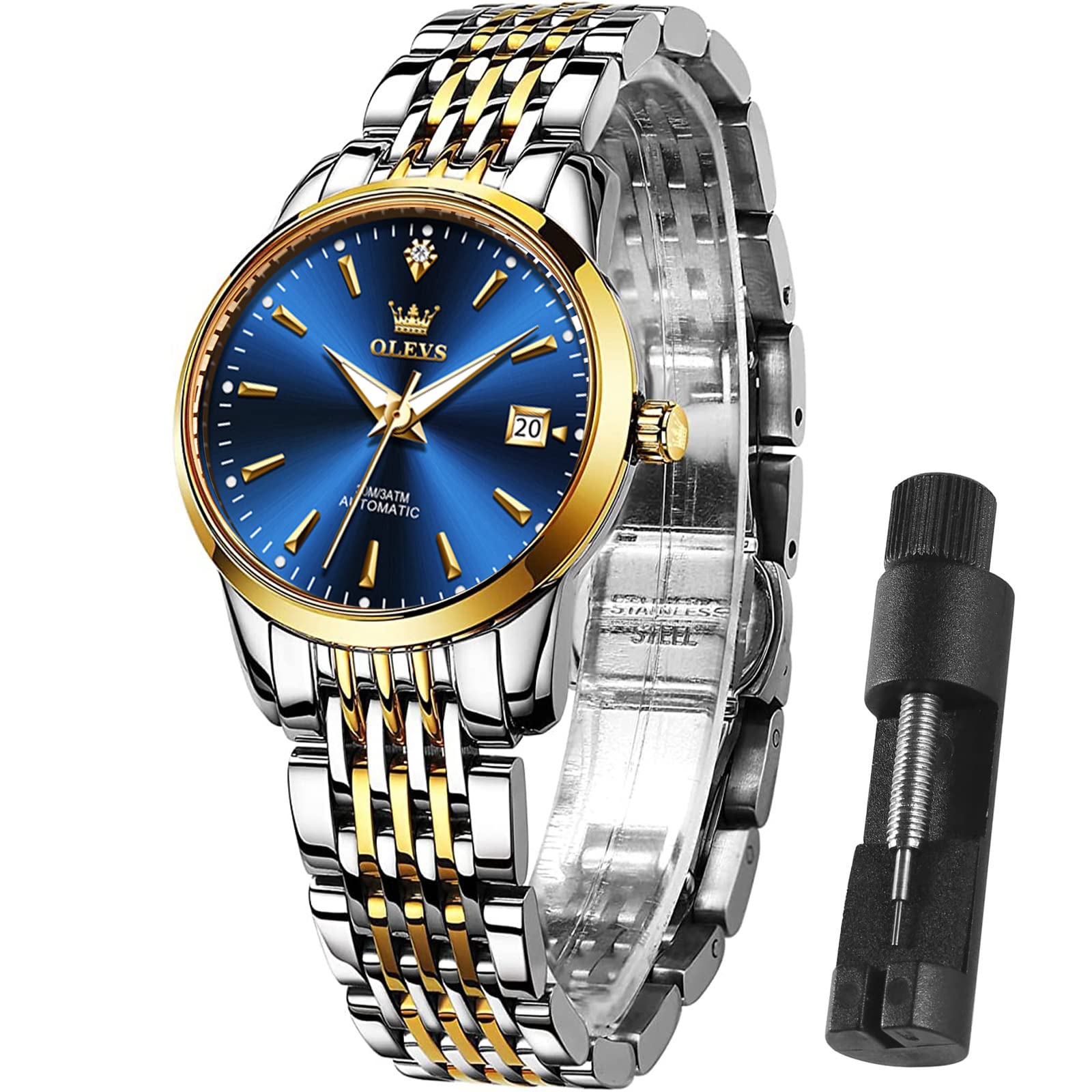 Sliver Gold Steel Watch Blue Dial Luxury Dress Small Face Automatic Watches Waterproof Two Tone Womens Watch Stainless Steel Mechanical Ladies Watches with Date Women's Wrist Watches Gift
