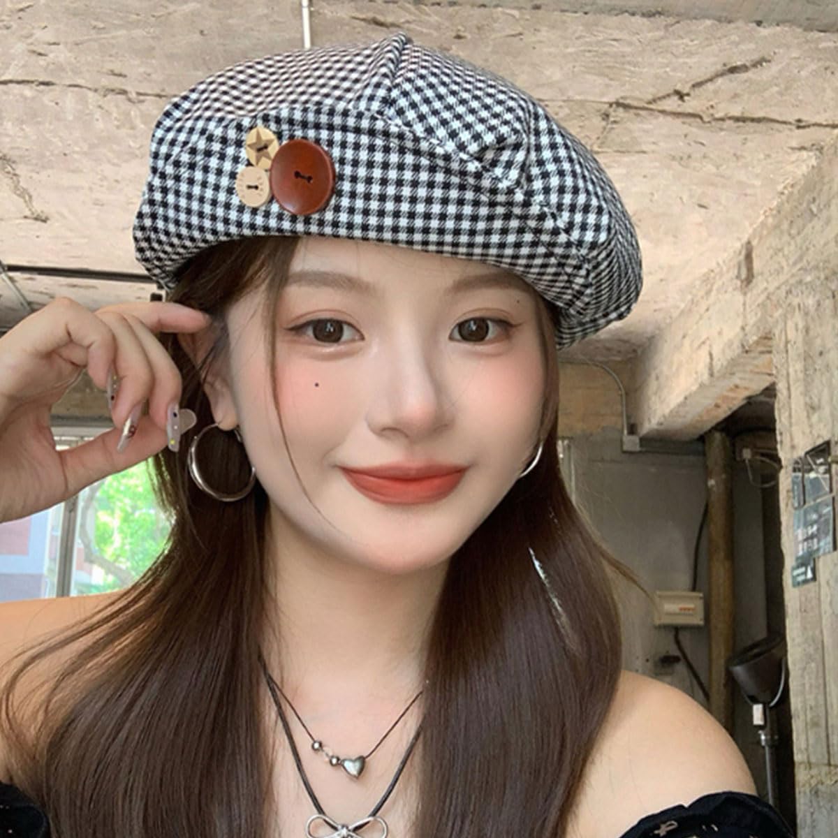 FZBNSRKO Lovely French Beret Hats Button Decorative Black/White Check Beret Hats for Women Girls