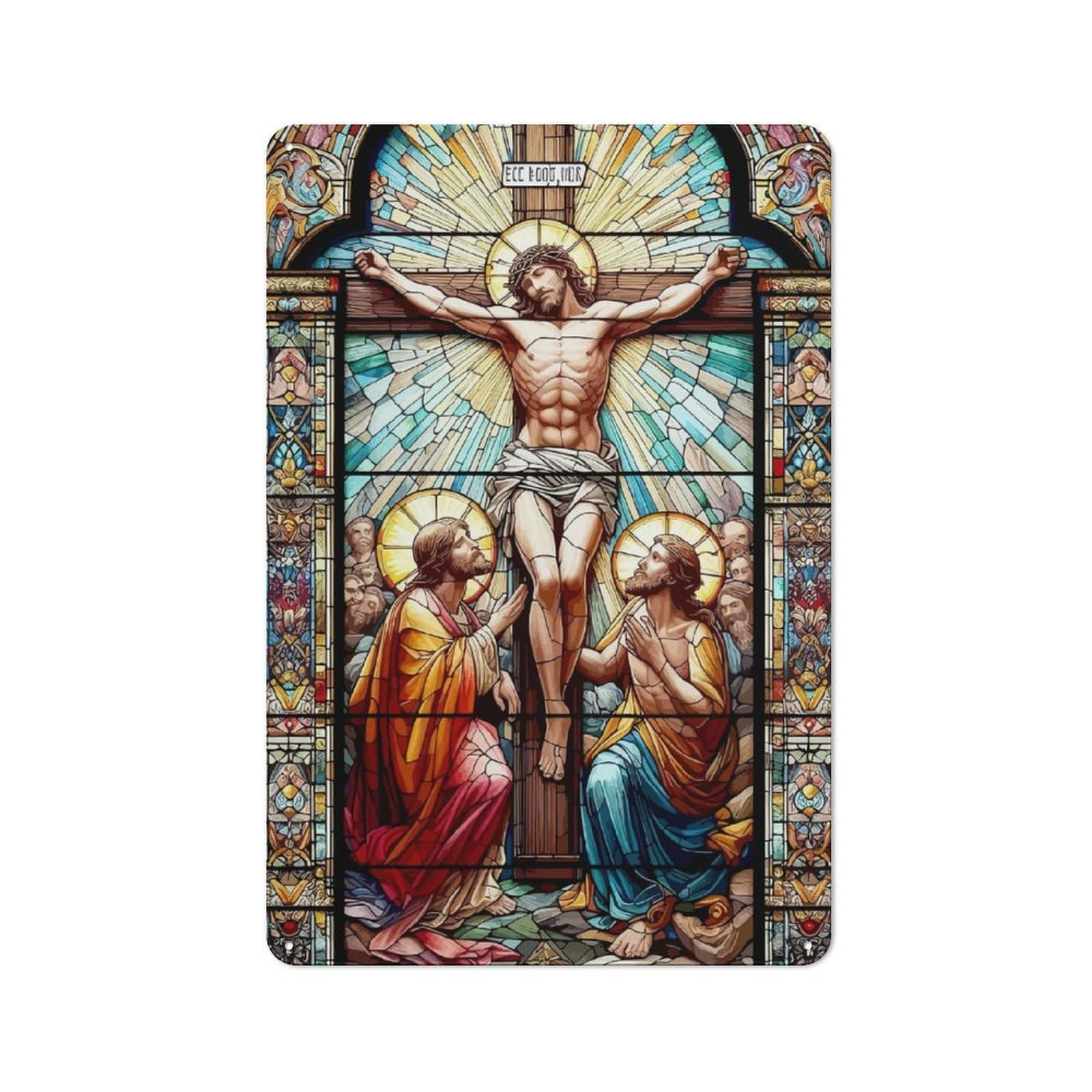 Junmoney Stained Glass Jesus Metal Wall Sign 30X20cm Featuring For Living Room Wall, For Decorating Living Rooms And Feature Walls